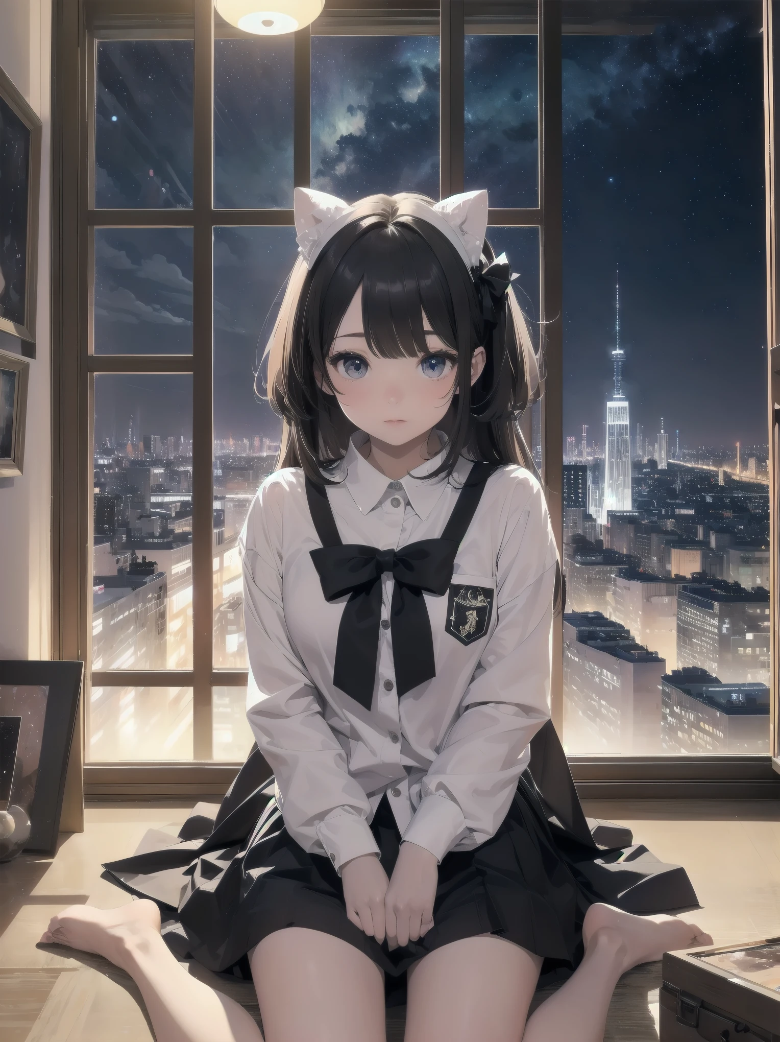 Artistic AI Art Galaxy(masterpiece:1.2, best quality),clear。lift up the skirt、cute girl、The night view of the big city outside the window、artistic shadow、I can't believe it but it's so ridiculously cute