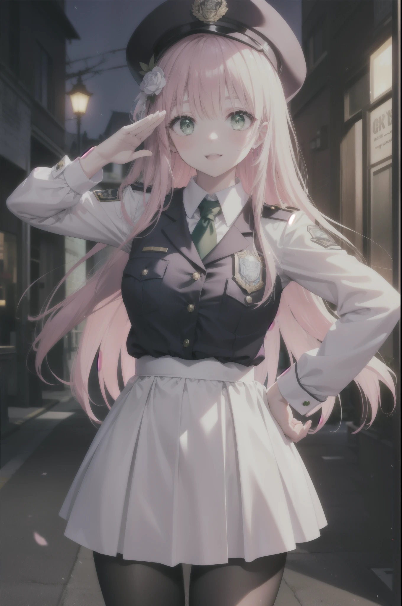 Lara Deviluke, Lara Deviluke, long hair, pink hair, tail, Ahoge, bangs, hair ornaments, (green eyes:1.5), smile,blush,open your mouth,Black Abyss glasses,police hat,sexy police uniform,black skirt black tights,all,The girl on the right is saluting, Place your left hand on your hip, police box　Entrance,morning,sunrise,
break outdoors, In town,
break looking at viewer, (cowboy shot:1.5),
break (masterpiece:1.2), highest quality, High resolution, unity 8k wallpaper, (figure:0.8), (beautiful detailed eyes:1.6), extremely detailed face, perfect lighting, extremely detailed CG, (perfect hands, perfect anatomy),