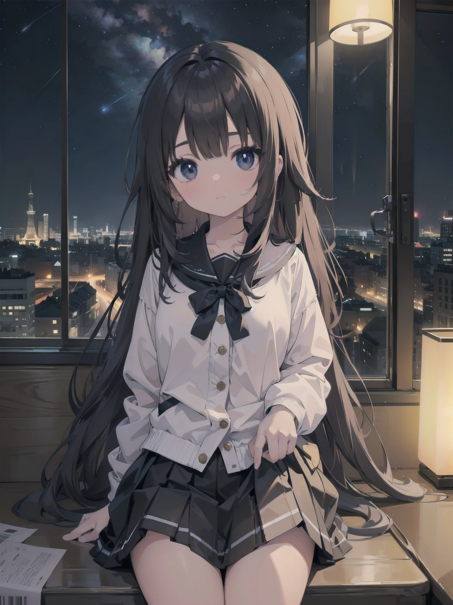 Artistic AI Art Galaxy(masterpiece:1.2, best quality),clear。lift up the skirt、cute girl、The night view of the big city outside the window、artistic shadow、I can't believe it but it's so ridiculously cute
