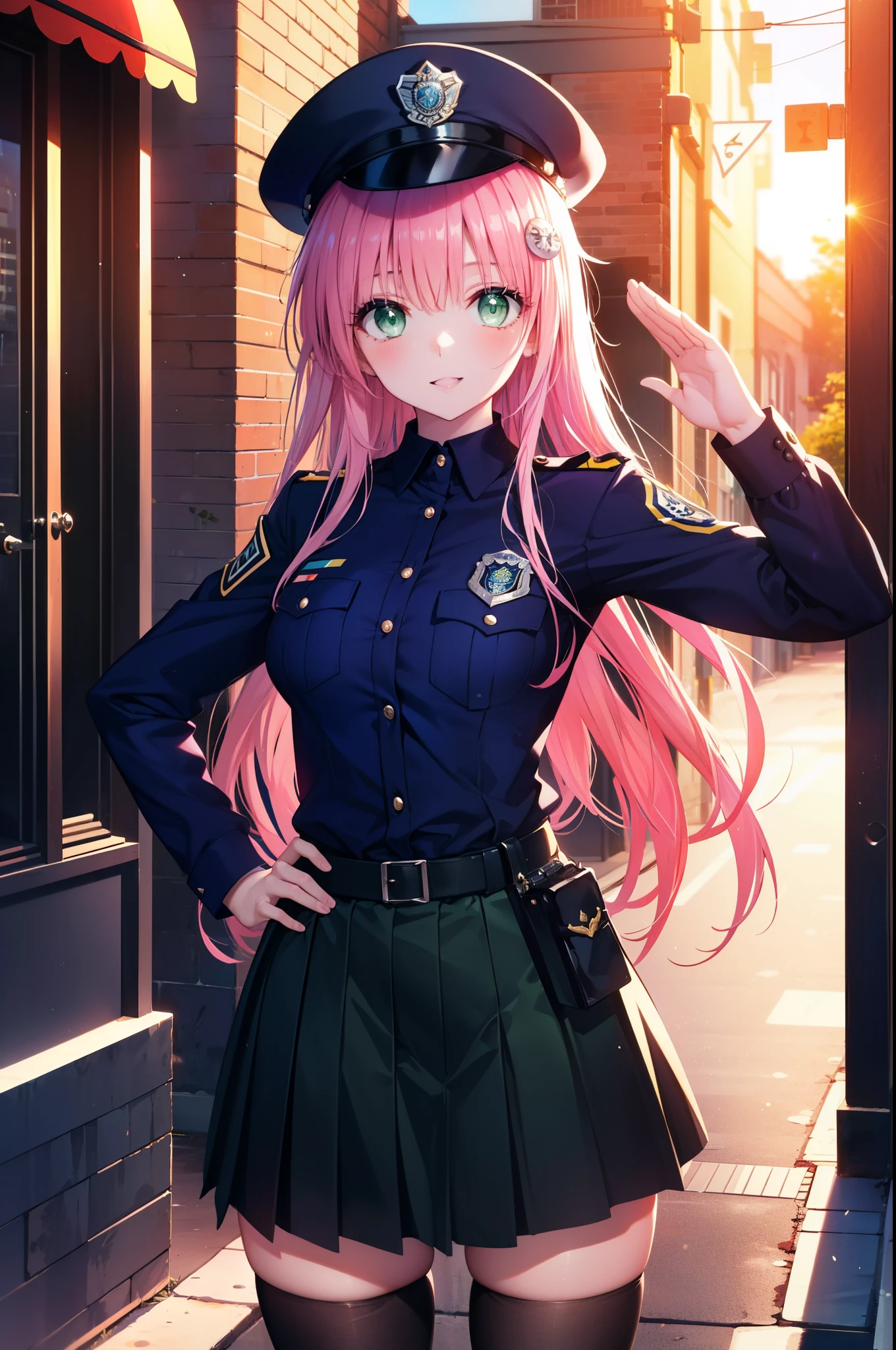 Lara Deviluke, Lara Deviluke, long hair, pink hair, tail, Ahoge, bangs, hair ornaments, (green eyes:1.5), smile,blush,open your mouth,demon tail,Black Abyss glasses,police hat,sexy police uniform,black skirt black tights,all,The girl on the right is saluting, Place your left hand on your hip, police box Entrance,morning,sunrise,
break outdoors, In town,
break looking at viewer, (cowboy shot:1.5),
break (masterpiece:1.2), highest quality, High resolution, unity 8k wallpaper, (figure:0.8), (beautiful detailed eyes:1.6), extremely detailed face, perfect lighting, extremely detailed CG, (perfect hands, perfect anatomy),