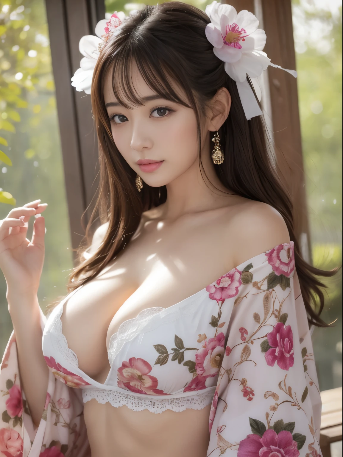 japanese woman 23age muste piece、highest quality、real、Super fine、Fine、High resolution、8K wallpaper、perfect dynamic composition、Beautiful eyes in every detail、kimono、off shoulder、cleavage、whole body、C cup、nude、underwear