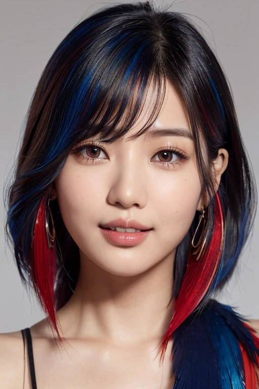 one realistic korean model , hair model, Unique hair details, messy shoulder length hair, Long fringe hair, Wolfcut hairstyle, Blue and red gradient hair color, Piercing of bird feathers up to the shoulder, Near future , double eyelid, big happy smile with theeth, Makeup with red plum lips, rosy checks and smoky eyes