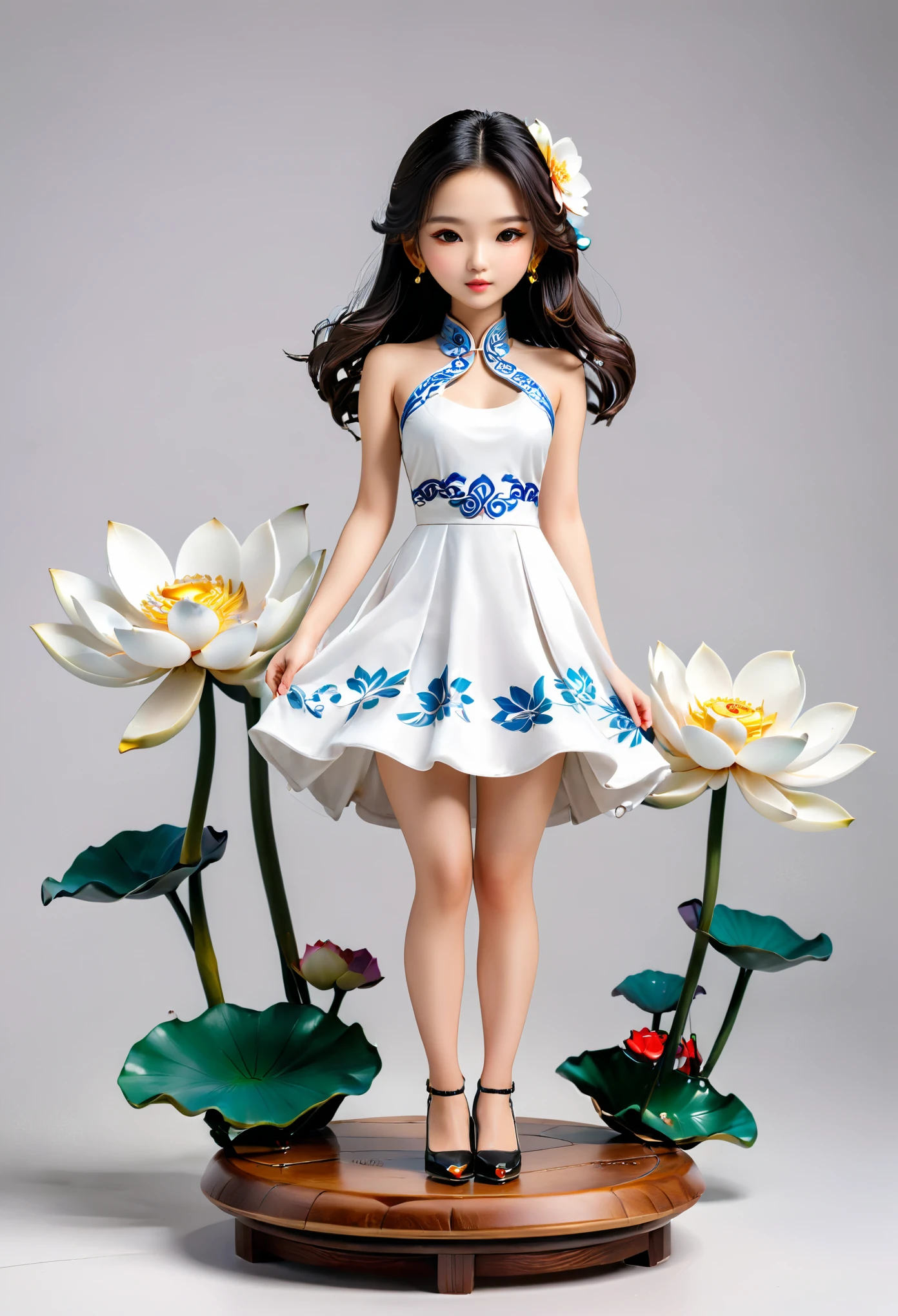 (Blind Box Spielzeug Stil:1.2),full body, solo,white background,(1 Beautiful girl Models ,Stand on a round wooden base,white Jasmine dress, high heels),(Oriental elements, Chinese color,Very colorful)