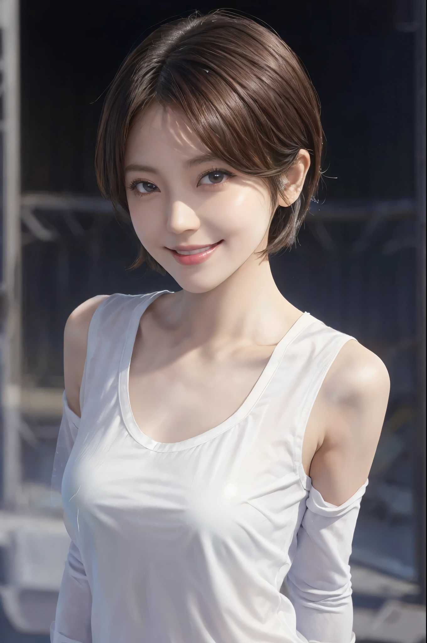 (highest quality、table top、8k、best image quality、Award-winning work)、One cute high school girl、(Strongly blurred school background:1.1)、(perfect polyester shirt:1.1)、(uniform ribbon on chest:1.1)、glossy lips、illuminate the face、(Very short hair that covers the face:1.2)、(((upper body:1.5)))、look at me and smile、classy and perfect makeup、Ultra high definition beauty face、ultra high definition hair、Super high-definition sparkling eyes、(Shining ultra-high definition beautiful skin:1.1)、Super high resolution glossy lips、(accurate anatomy:1.1)、ultra high definition hair、Super high resolution perfect beautiful teeth,