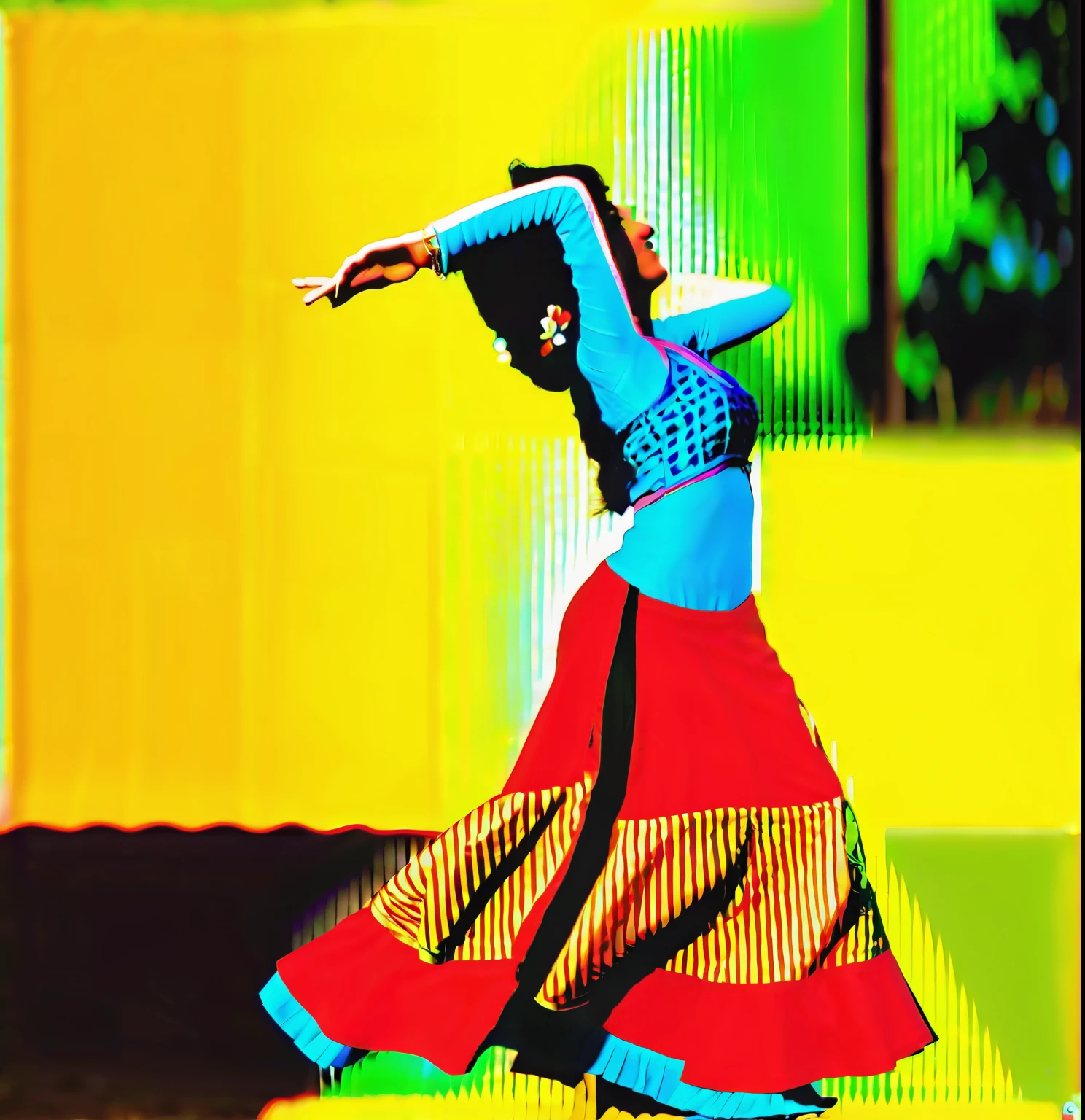 An 18-year-old Indian girl dancing in a traditional ghagra-choli, captured in motion in an open field during the golden hour, the setting sun casting long shadows and a golden hue over the scene, the vibrant colors of her dress contrasted against the greenery, a celebration of culture and femininity --ar 3:4