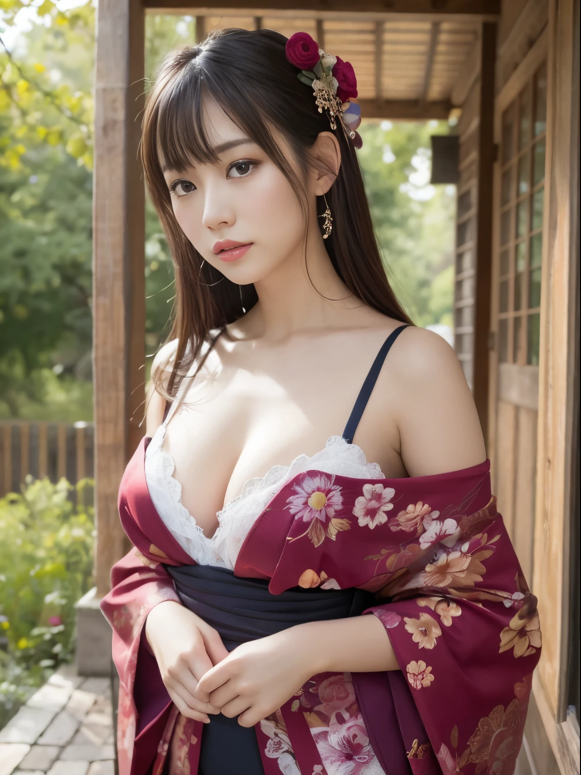 japanese woman 26 years old muste piece、highest quality、real、Super fine、Fine、High resolution、8K wallpaper、perfect dynamic composition、Beautiful eyes in every detail、kimono、off shoulder、cleavage、whole body、C cup、nude、underwear