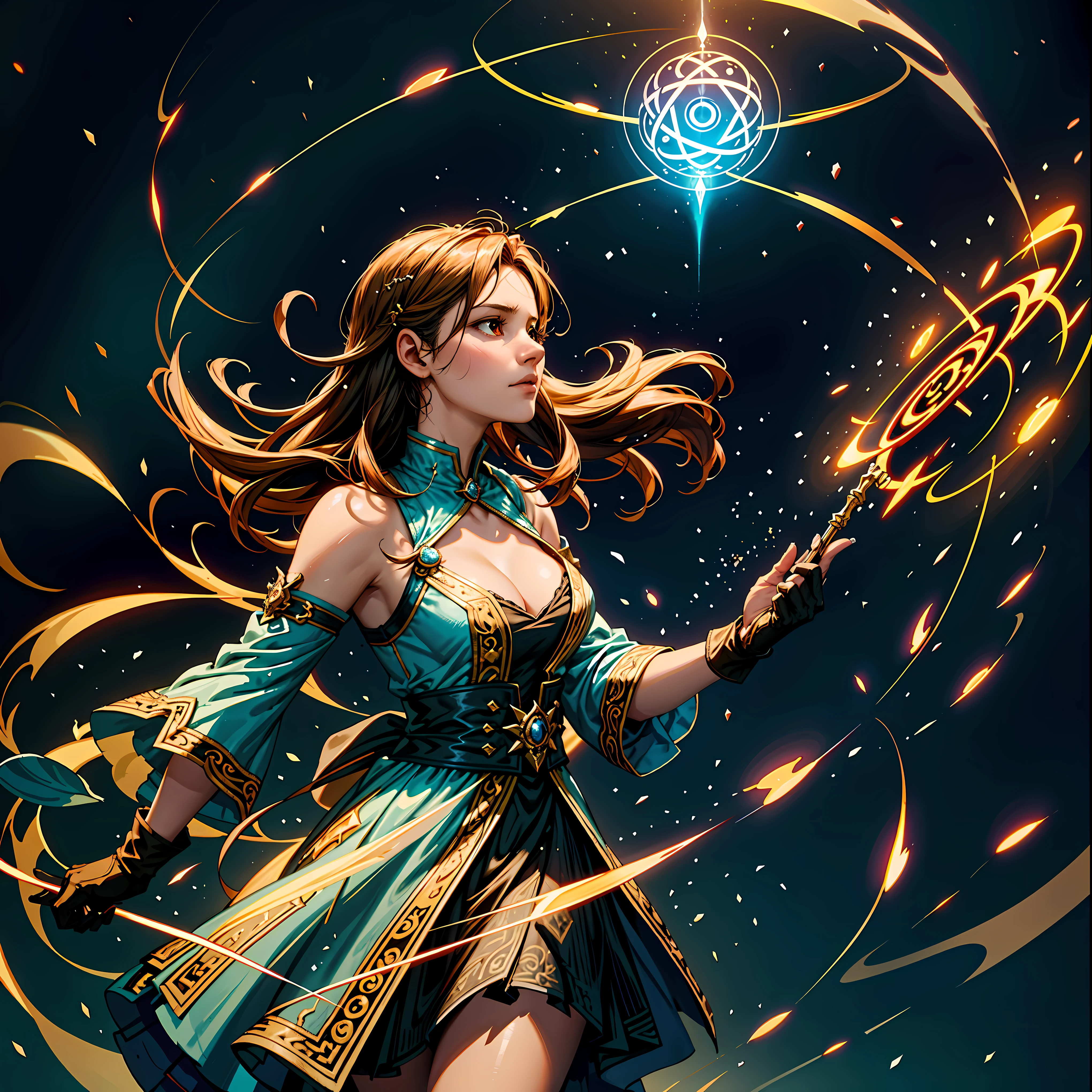 "Summoning Sorcery: Conjuring the Magic Circle with a Mage" | Begin with a detailed depiction of a female mage: standing in a confident stance, adorned in flowing robes adorned with intricate patterns and symbols. | Render the mage with realistic facial features and expressions, conveying determination and focus as she interacts with the magic circle. | Design the magic circle with precision and intricacy: symmetrical, with finely drawn runes and inscriptions encircling its perimeter. | Ensure the runes and inscriptions are legible yet mysterious, hinting at ancient languages and arcane knowledge. | Illuminate the magic circle with a soft, ethereal glow emanating from the runes, casting gentle light upon the surrounding environment. | Incorporate subtle animations within the circle, such as flickering or pulsating, to convey the dynamic energy of the magic being wielded. | Pay attention to lighting and shadows: position the mage and magic circle to interact realistically with light sources, creating depth and realism in the scene. | Surround the mage with elements of the arcane: swirling mists, crackling energy, or wisps of magical essence that complement her spellcasting. | Consider the mage's gesture and posture: outstretched hands, focused gaze, and subtle movements that indicate her control over the magic being channeled. | Integrate atmospheric effects to enhance the scene: wisps of smoke, glowing embers, or subtle distortions in the air that add to the mystique of the moment. | Maintain a balance between realism and fantasy, ensuring that the magic circle and mage are grounded in believability while still evoking a sense of wonder and enchantment. | Throughout the process, prioritize attention to detail, composition, and the portrayal of the mage's connection to the mystical energies she commands. | (perfect_pose), ((looking dreamily into the distance)), ((wearing hand gloves):1.3), perfect_fingers, perfect_legs, perfect_hands, More Detail.