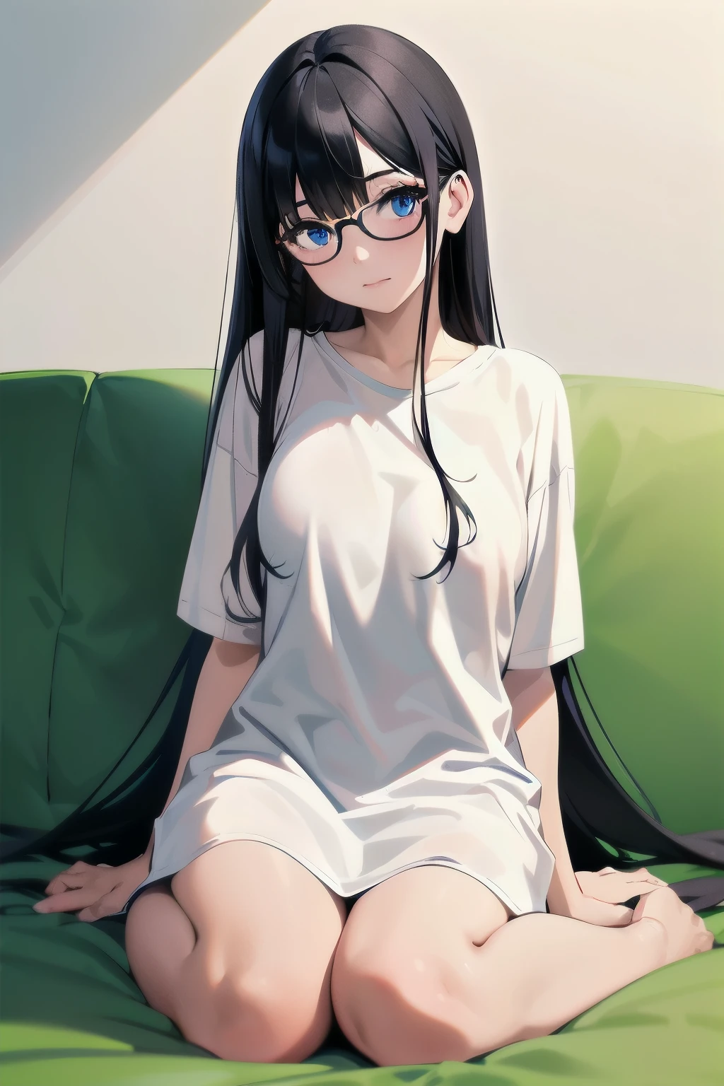 best quality, masterpiece, portrait, full body
1girl, kurihara mari, black hair, blue eyes, glasses, long hair, looking at viewer, (((wearing a white oversize T-Shirt)))