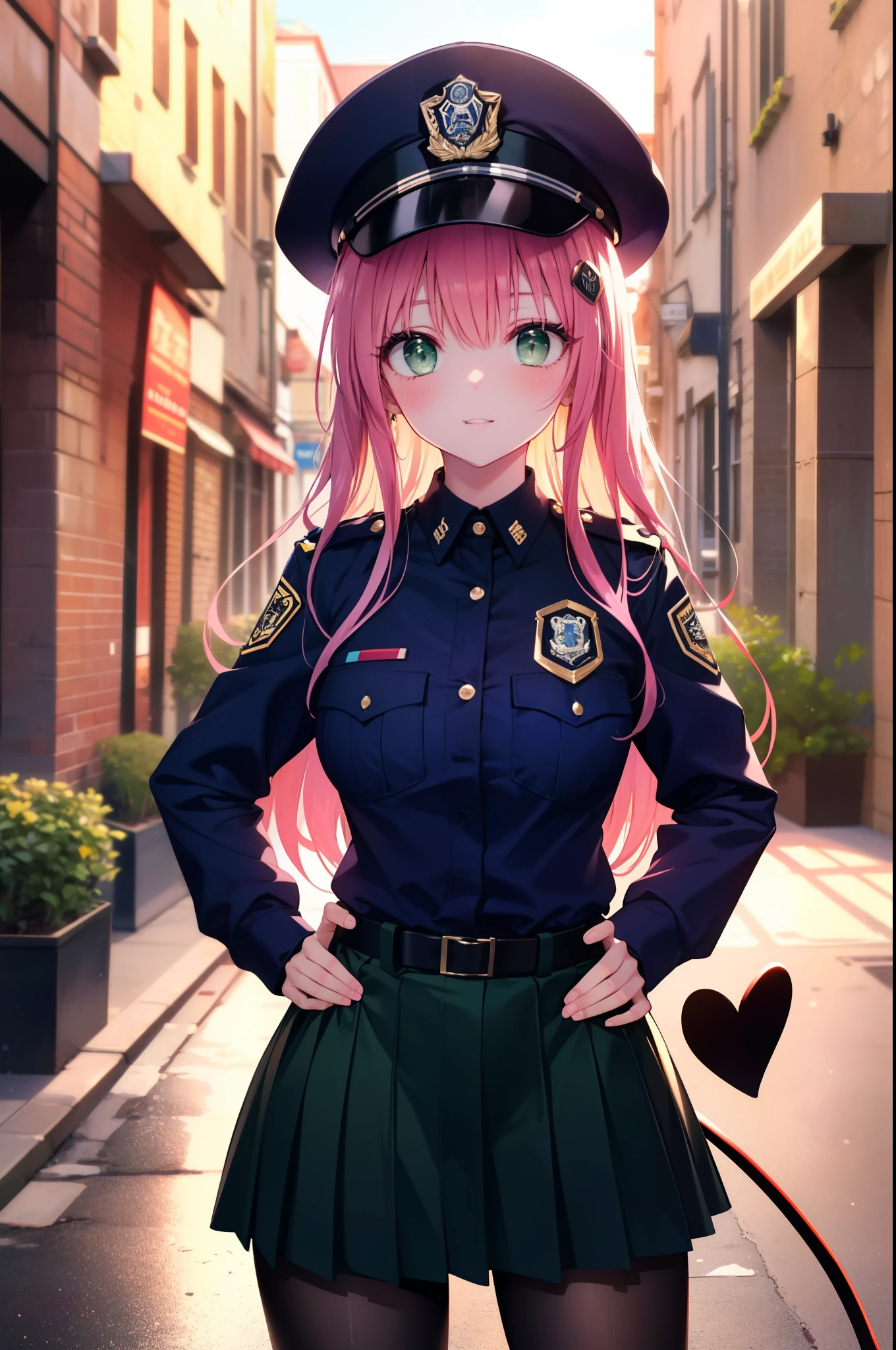 Lara Deviluke, Lara Deviluke, long hair, pink hair, tail, Ahoge, bangs, hair ornaments, (green eyes:1.5), smile,blush,open your mouth,demon tail,Black Abyss glasses,police hat,sexy police uniform,black skirt black tights,all,The girl on the right is saluting, Place your left hand on your hip, police box　Entrance,morning,sunrise,
break outdoors, In town,
break looking at viewer, (cowboy shot:1.5),
break (masterpiece:1.2), highest quality, High resolution, unity 8k wallpaper, (figure:0.8), (beautiful detailed eyes:1.6), extremely detailed face, perfect lighting, extremely detailed CG, (perfect hands, perfect anatomy),