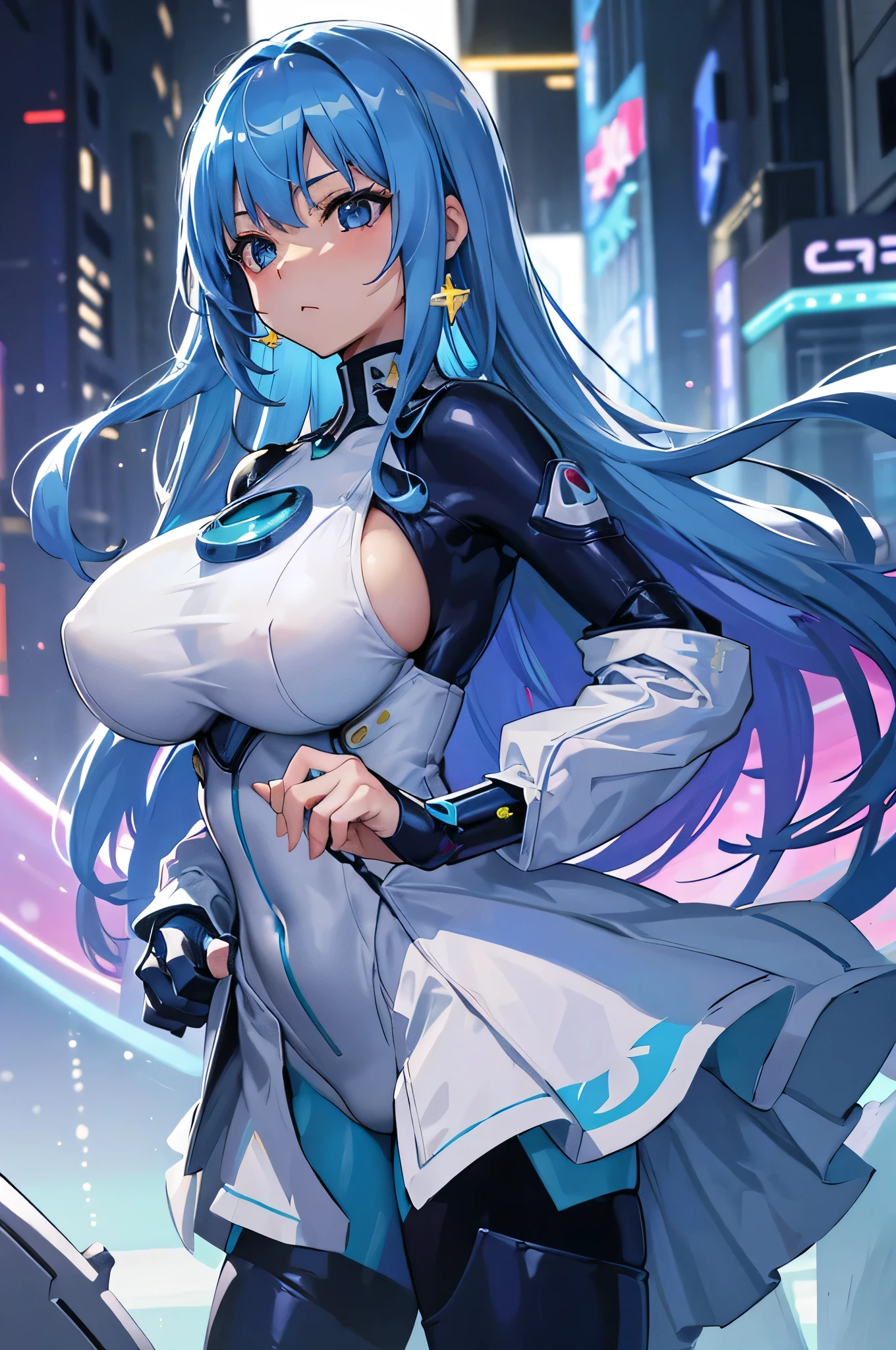 4k,High resolution,one woman,blue hair,long hair,big breasts,Princess,White light blue tight cyber suit,Princessのドレス,jewelry embellishments,Princessのティアラ,city of the future