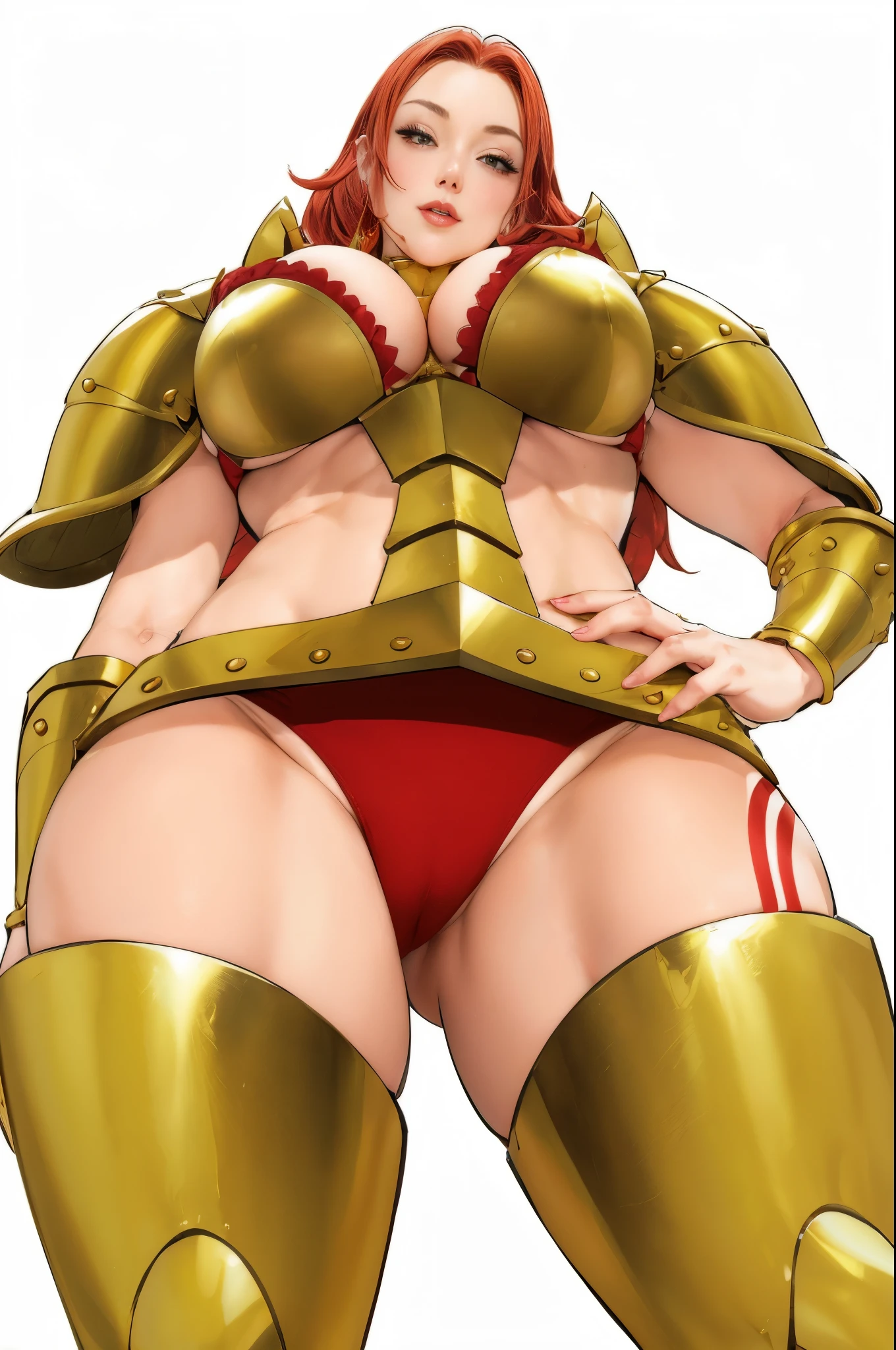 a close up of a woman in a gold outfit with a red hair, bikini armor female knight, thicc, oppai proportions, thick armor, ornate bikini armor, oppai, wearing shiny breastplate, sexy pudica pose gesture, a very beautiful berserker woman, bikini-armor, cushart krenz, bikini armour, biomechanical oppai