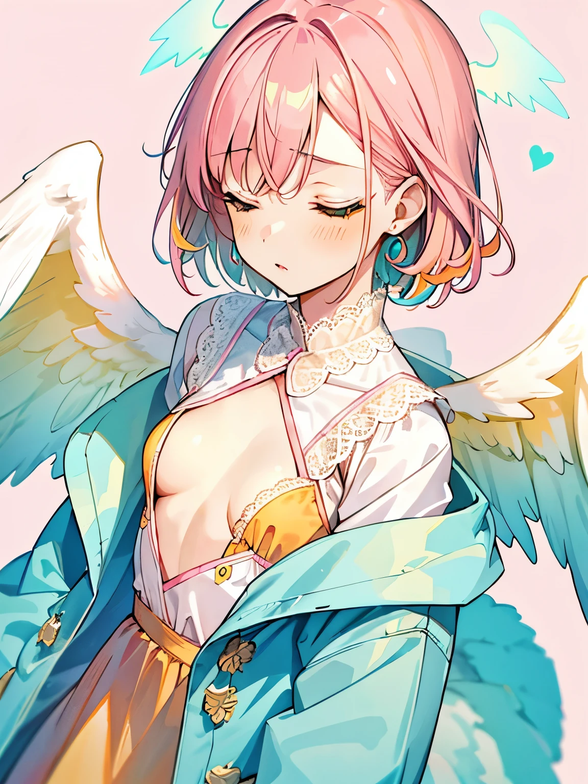 (small breasts:1.3),((woman&#39;clothes:1.2)),(Angle from above),casual street wear,close up of face,((High resolution)),sleepy face,sleeping face,(lace pattern background),(white and pink and blue and yellow and green and orange),(angel wings)