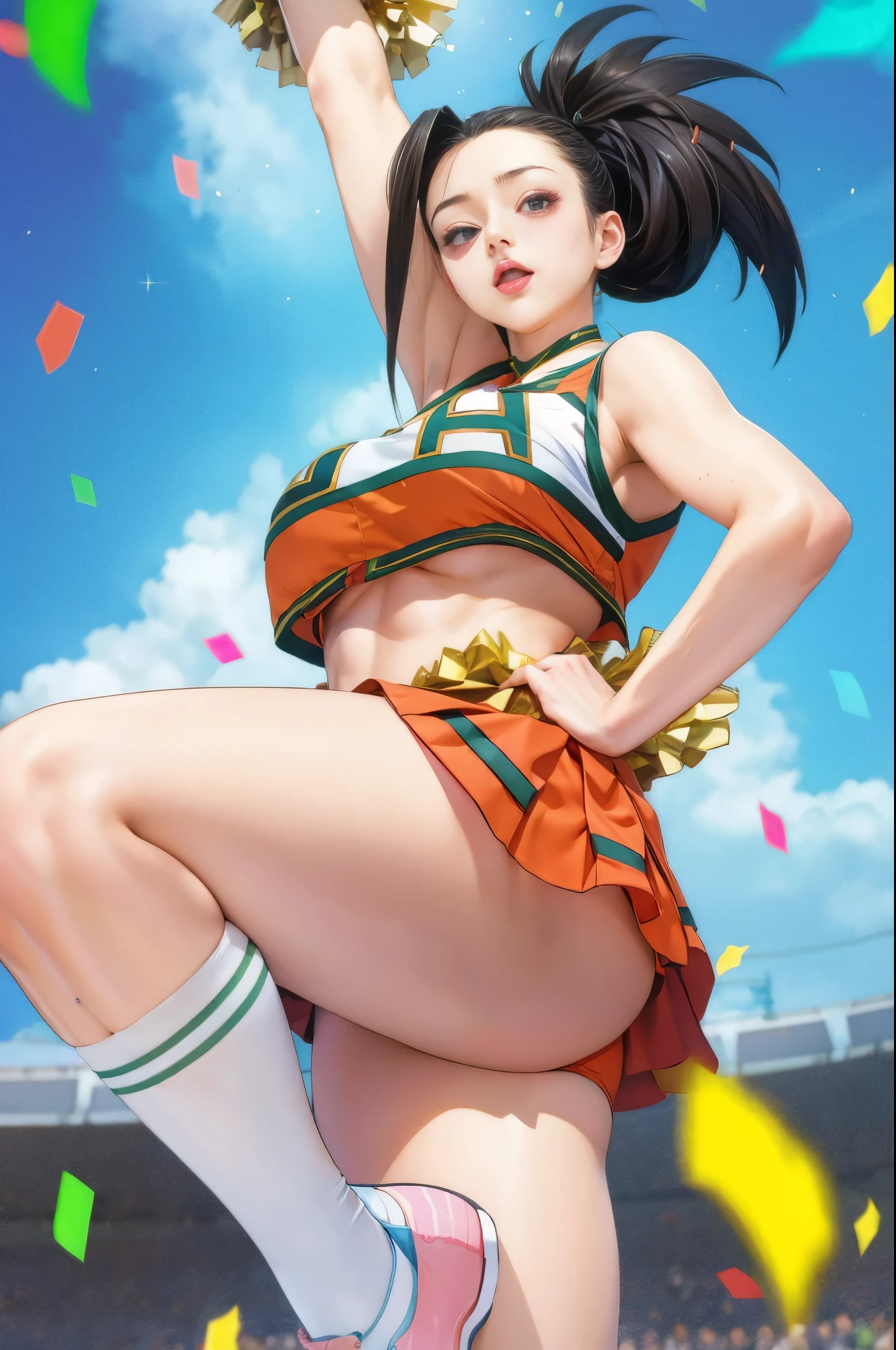 anime girl in cheerleader outfit holding up a trophy in front of a crowd, marin kitagawa fanart, nagatoro, anime moe artstyle, thighs!!!!!!, official art, most strongest pose, thighs!!!, mayuri shiina, by Kamagurka, hq artwork, high detailed official artwork, hinata hyuga, tsugumi ohba, official artwork