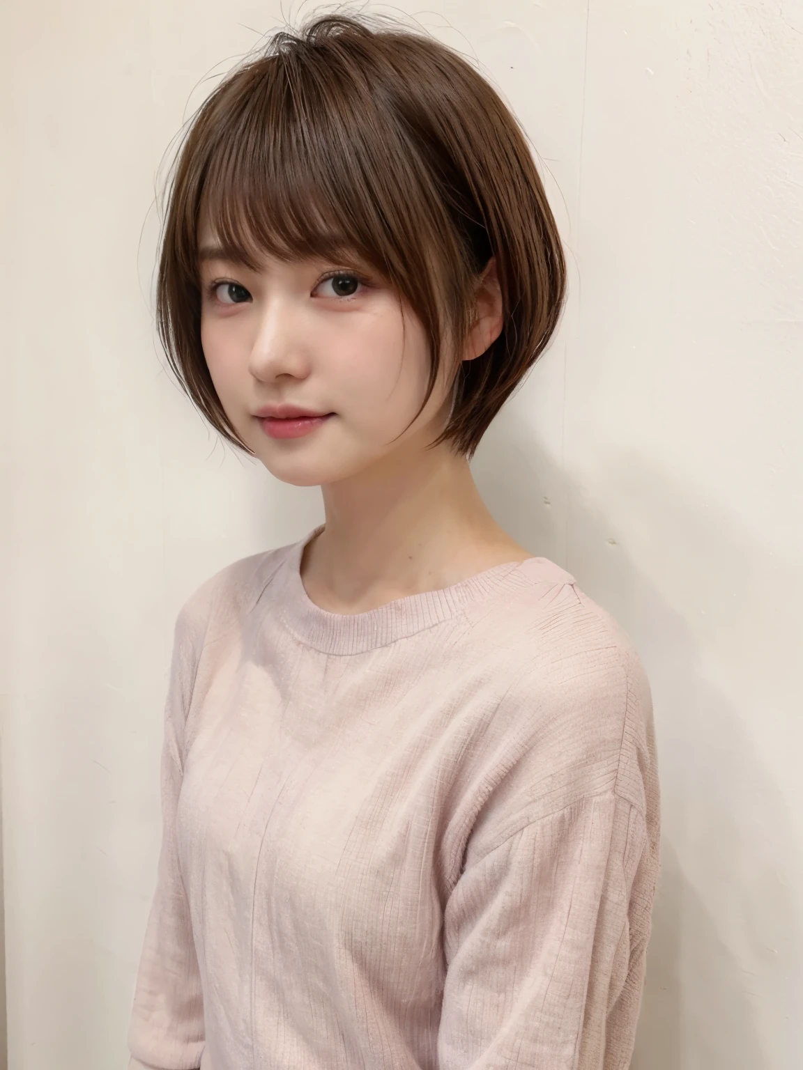 table top、japanese woman、RAW photo (35 year old girl),pink long sleeve dress,realistic skin, (high detail skin:1.2),Taken in front of the white door,spring colors,realistic, Don'don't look at the camera、film grain,bright colors,beautiful face,soft natural light、short hair、shortcut、short hair、fluffy hairstyle