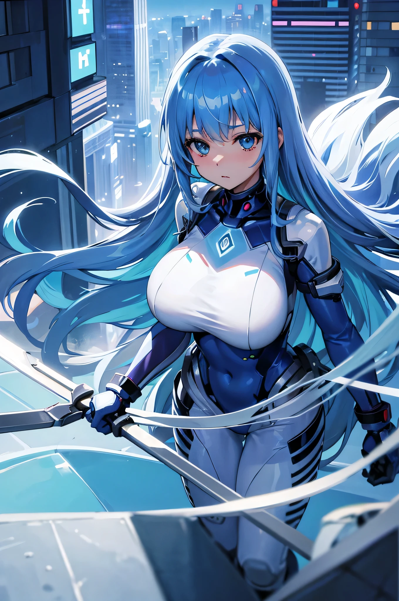 4k,High resolution,one woman,blue hair,long hair,big breasts,Princess,White light blue tight cyber suit,Princessのドレス,jewelry embellishments,Princessのティアラ,city of the future