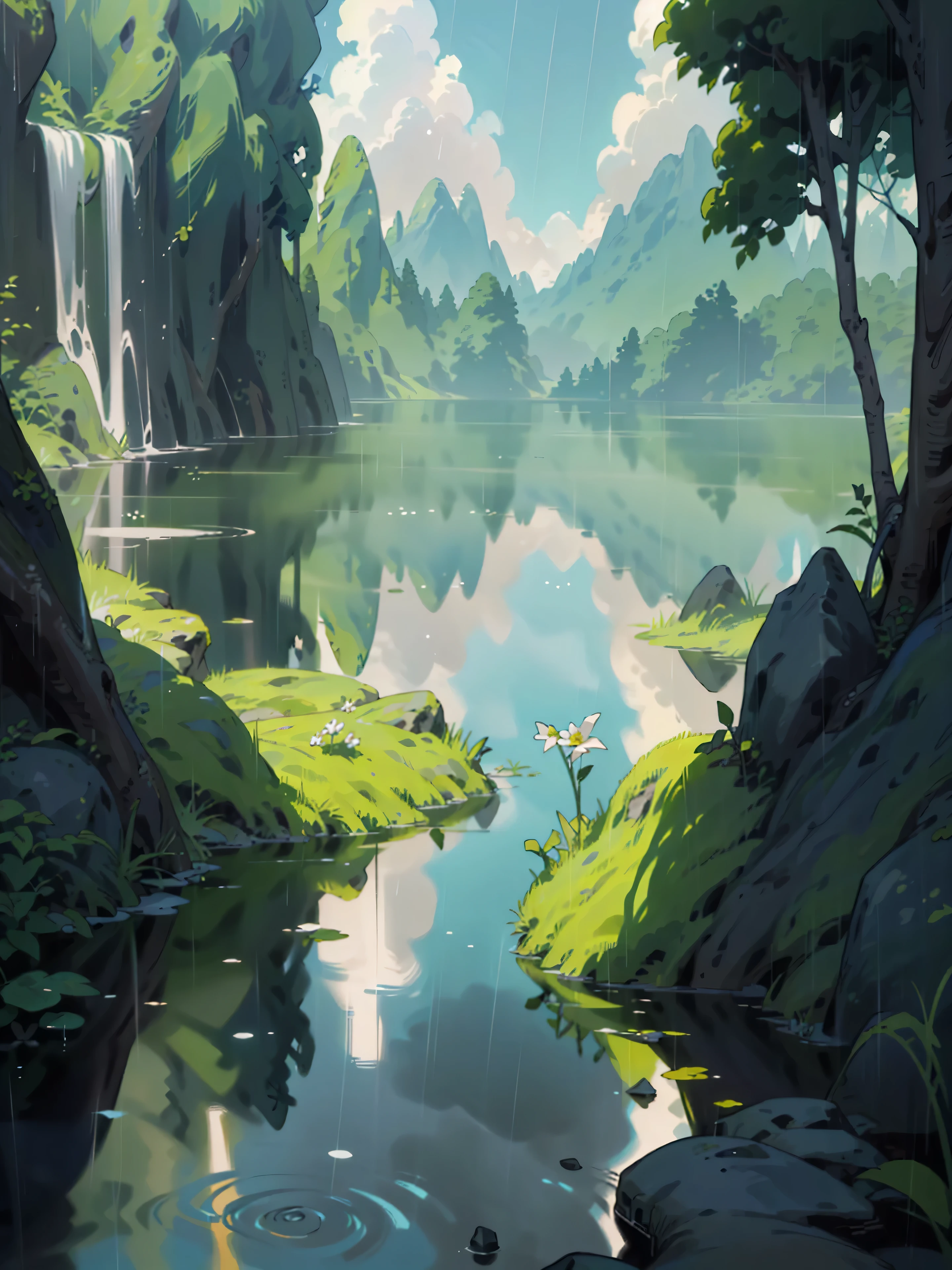 (Masterpiece, Best quality, High quality, A high resolution:1.4), Extremely detailed, 4K, Outdoors, Nature, forest, Green trees, Grass, A plant, Flowers, River, Caustics, Ripples, pond, jungles, dense foliage, fern,(cloud sky:1.3),(rain:1.3),anime big breast,Rain ripples on the water，Mountain，((bird's eyes view))，Fantasy video game character concept art