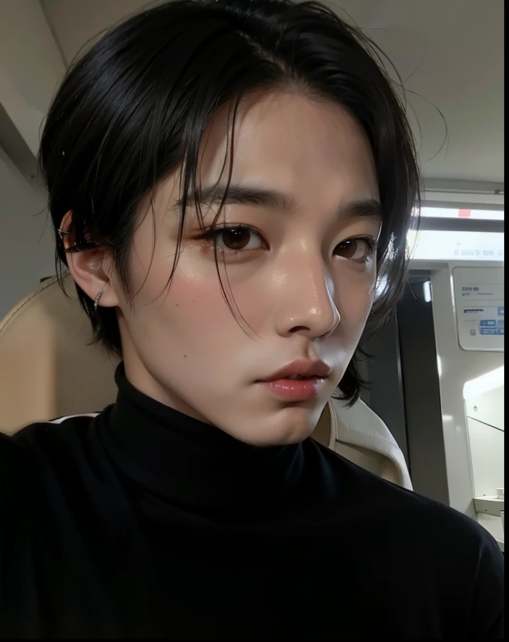 Arafed Asian man with black hair and a black shirt with a turtleneck, Cai Xukun, taejune kim, Jinyoung Shin, homem sul-coreano, taken at the beginning of 2020, hyung tae, adorable and pale korean face, Jimin\the right eyelid is swollen, androgynous face, Ulzzang masculino, Hong junho hyung, rosto bonito