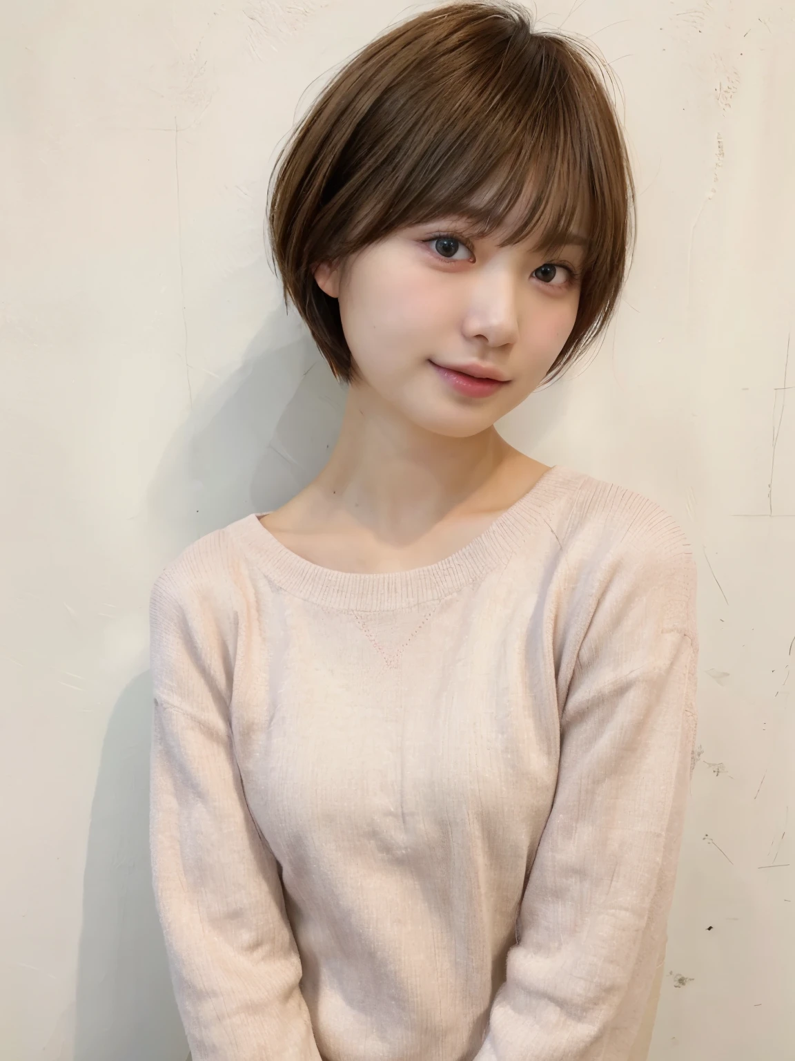table top、japanese woman、RAW photo (35 year old girl),orange long sleeve dress,realistic skin, (high detail skin:1.2),Taken in front of the white door,spring colors,realistic, Don'don't look at the camera、film grain,bright colors,beautiful face,soft natural light、short hair、shortcut、short hair、fluffy hairstyle