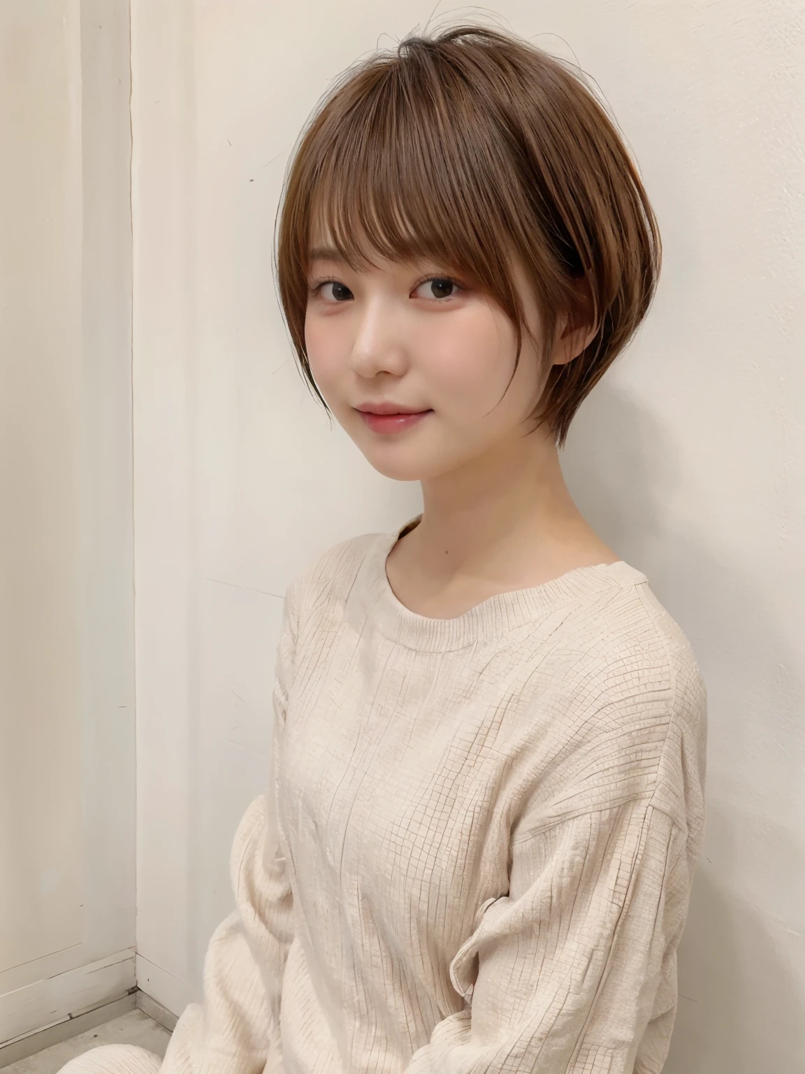 table top、japanese woman、RAW photo (35 year old girl),orange long sleeve dress,realistic skin, (high detail skin:1.2),Taken in front of the white door,spring colors,realistic, Don&#39;don&#39;t look at the camera、film grain,bright colors,beautiful face,soft natural light、short hair、shortcut、short hair、fluffy hairstyle