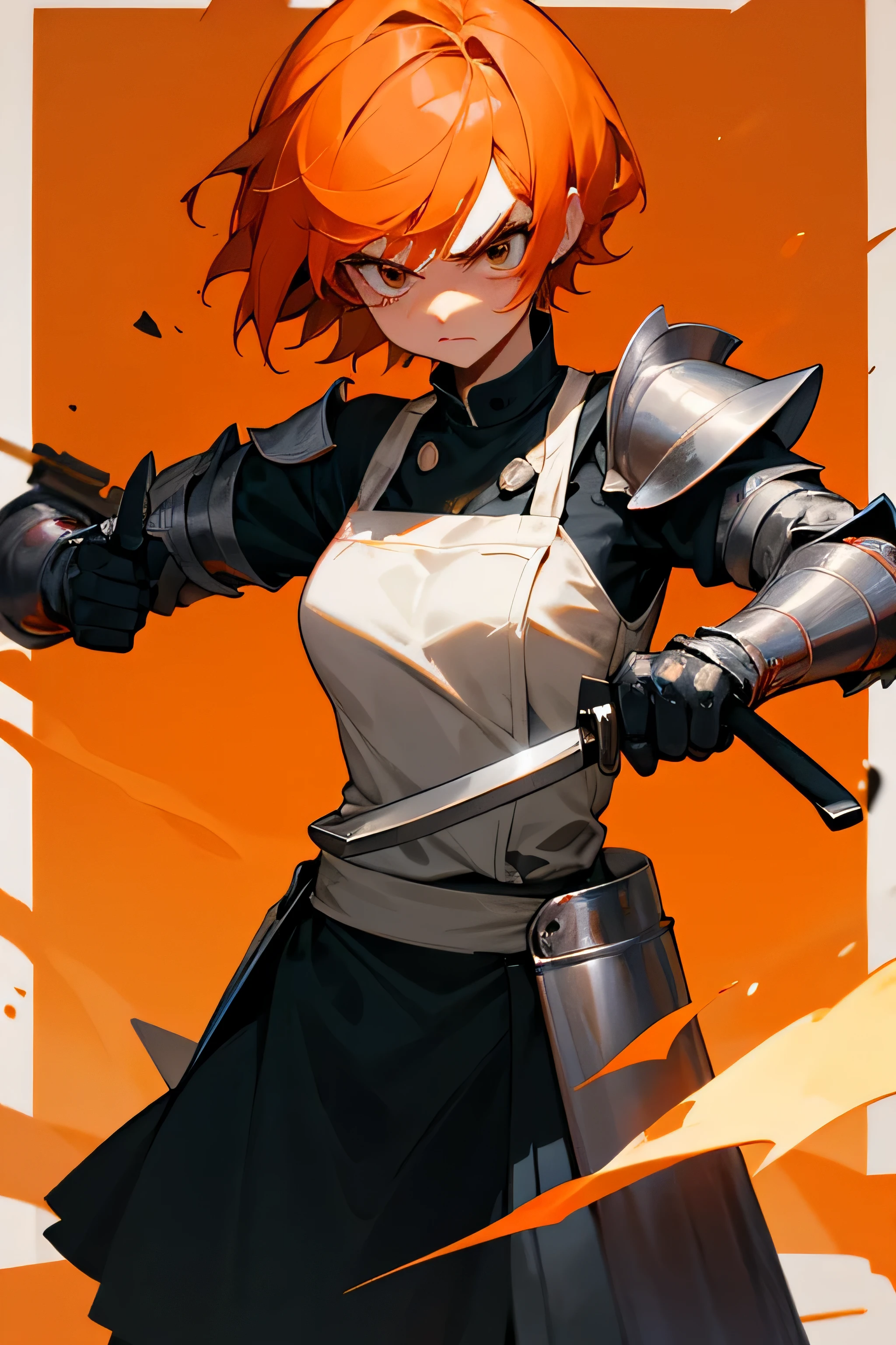 angry chef girl with orange short hair and metal armor and meat cleaver