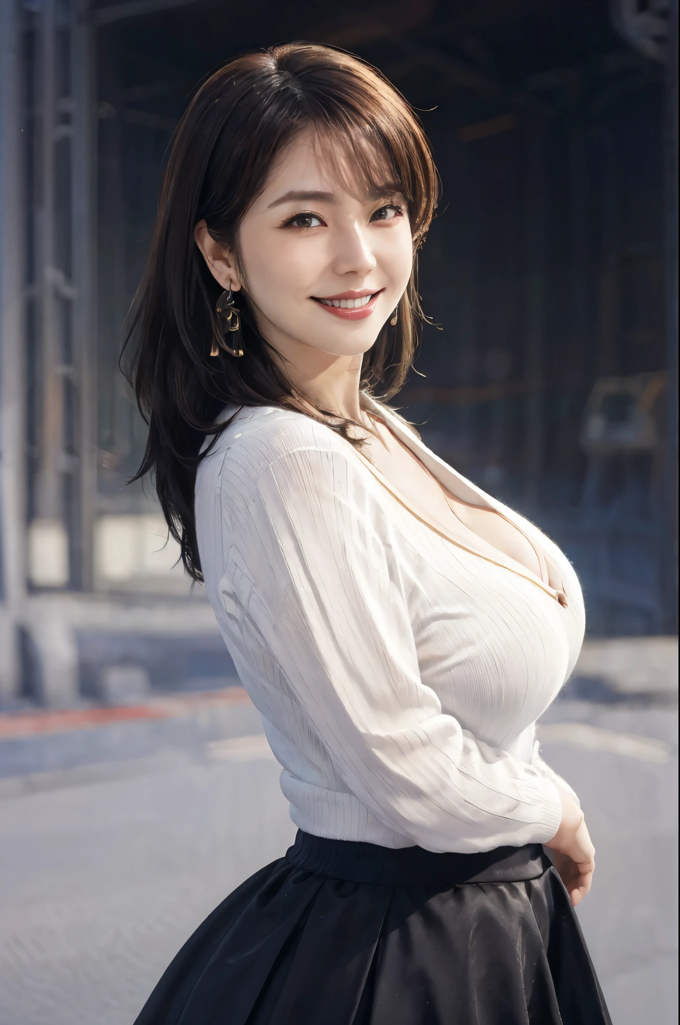 (NSFW), (RAW photo), (Realistic), (photo-realistic), ultra high resolution, masterpiece, highest quality, portrait, facial portrait, perfect lighting, detailed lighting, dramatic shadow, ray tracing, 1 Japanese beautiful mature lady, 40 years old, Voluptuous, cleavage, plump body type, beautiful detailed brown eyes, chubby lips, red lips, big tits, big ass, big thick thighs, abs, muscle, long wavy hair, black hair, earrings, half open mouth, smiling, looking at viewer, (V-neck Sweater:1.2), (Draped skirt), revealing clothing, Japanese street,