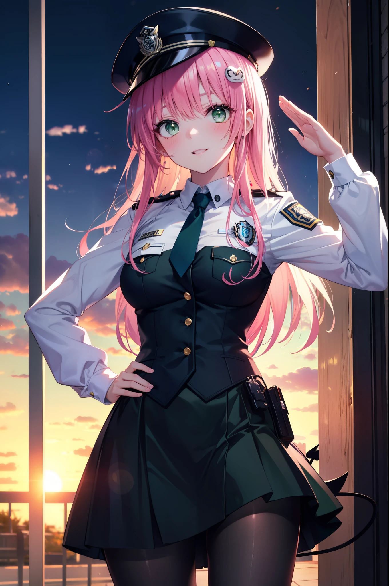 Lara Deviluke, Lara Deviluke, long hair, pink hair, tail, Ahoge, bangs, hair ornaments, (green eyes:1.5), smile,blush,open your mouth,demon tail,Black Abyss glasses,police hat,sexy police uniform,black skirt black tights,all,The girl on the right is saluting, Place your left hand on your hip, police box　Entrance,morning,sunrise,
break outdoors, In town,
break looking at viewer, (cowboy shot:1.5),
break (masterpiece:1.2), highest quality, High resolution, unity 8k wallpaper, (figure:0.8), (beautiful detailed eyes:1.6), extremely detailed face, perfect lighting, extremely detailed CG, (perfect hands, perfect anatomy),