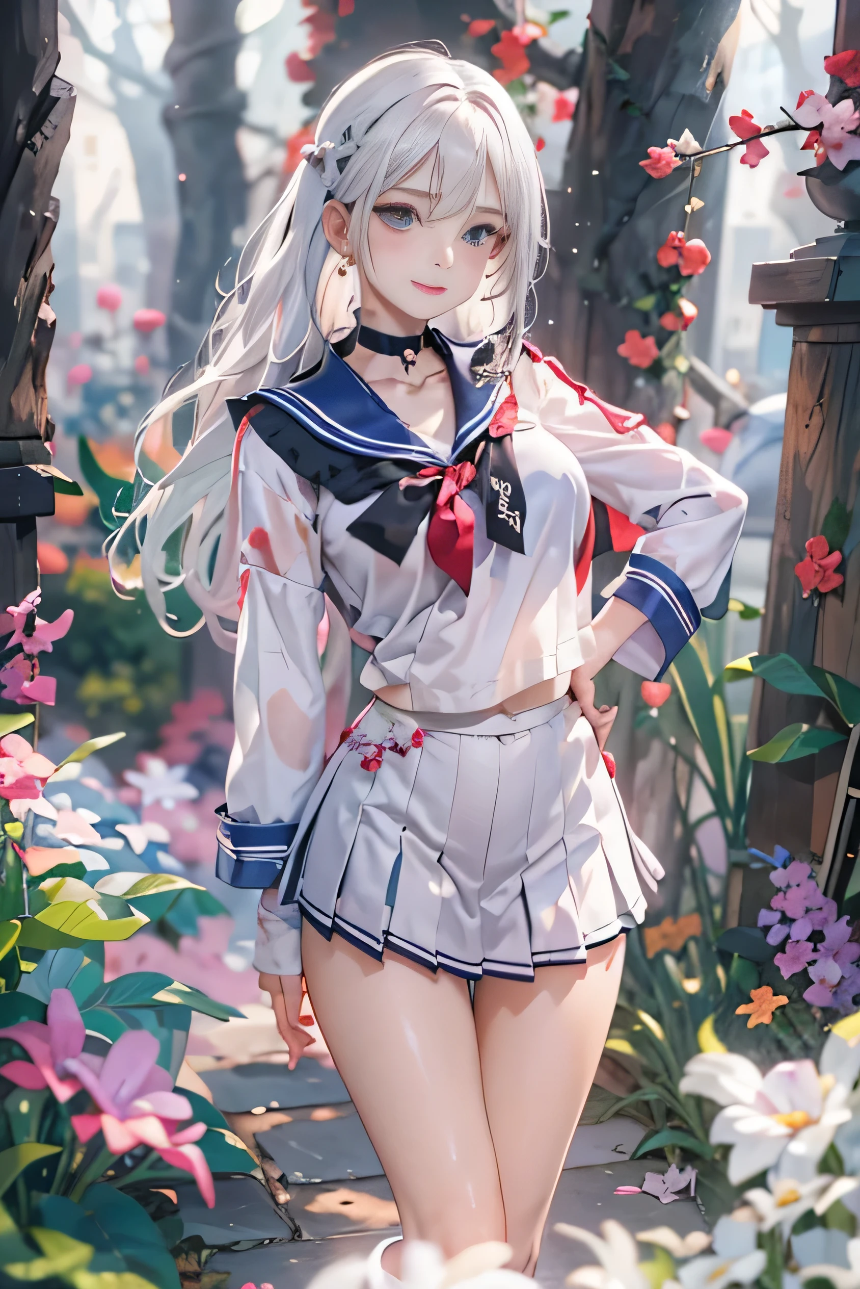 (photorealistic:1.8, highest quality:1.8,8K masterpiece:1.8,High resolution,muste piece:1.8,RAW Photos,cinematic lighting,red and purple dream colors),one goddess、(colorful armor sailor suit、mini skirt、choker、knee high tights、loafer shoes),
(beautiful detailed blue eyes:1.7,double eyelid:1.6,Beautiful skin with glowing details:1.2), (looking at the camera:1.5),(whole body,Photo seen from below:1.5),
( midium Hair:1.2,beautiful shining white hair:1.5), expression(Impish Smile:1.3,face turns red:1.3),(Moderate chest:1.3), 
Pause(stand with legs apart,Seductive pose:1.5), background(Bright forest with blooming flowers),Nipples are visible through the costume、(detailed perfect face),anatomically correct,correct move:1.5,correct foot:1.5,4 fingers and 1 thumb in correct proportions,(cameltoe),No split screen,slender abs:1.2,(Young sensual gravure idol)