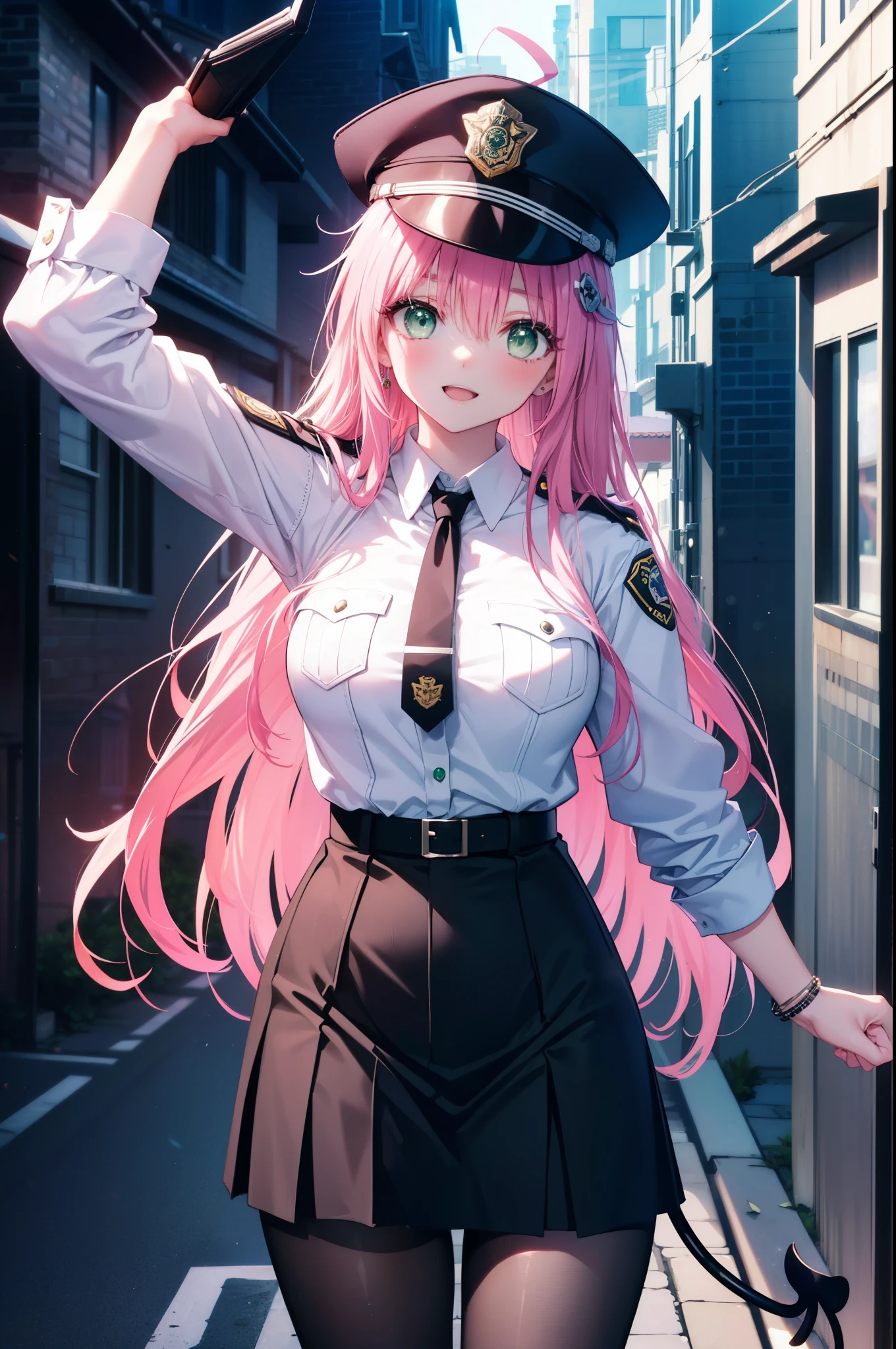 Lara Deviluke, Lara Deviluke, long hair, pink hair, tail, Ahoge, bangs, hair ornaments, (green eyes:1.5), smile,blush,open your mouth,demon tail,Black Abyss glasses,police hat,bare chest,sexy police uniform,black skirt black tights,all,The girl on the right is saluting, Place your left hand on your hip, Police Department Entrance,morning,sunrise,
break outdoors, Police Department,
break looking at viewer, (cowboy shot:1.5),
break (masterpiece:1.2), highest quality, High resolution, unity 8k wallpaper, (figure:0.8), (beautiful detailed eyes:1.6), extremely detailed face, perfect lighting, extremely detailed CG, (perfect hands, perfect ???????),