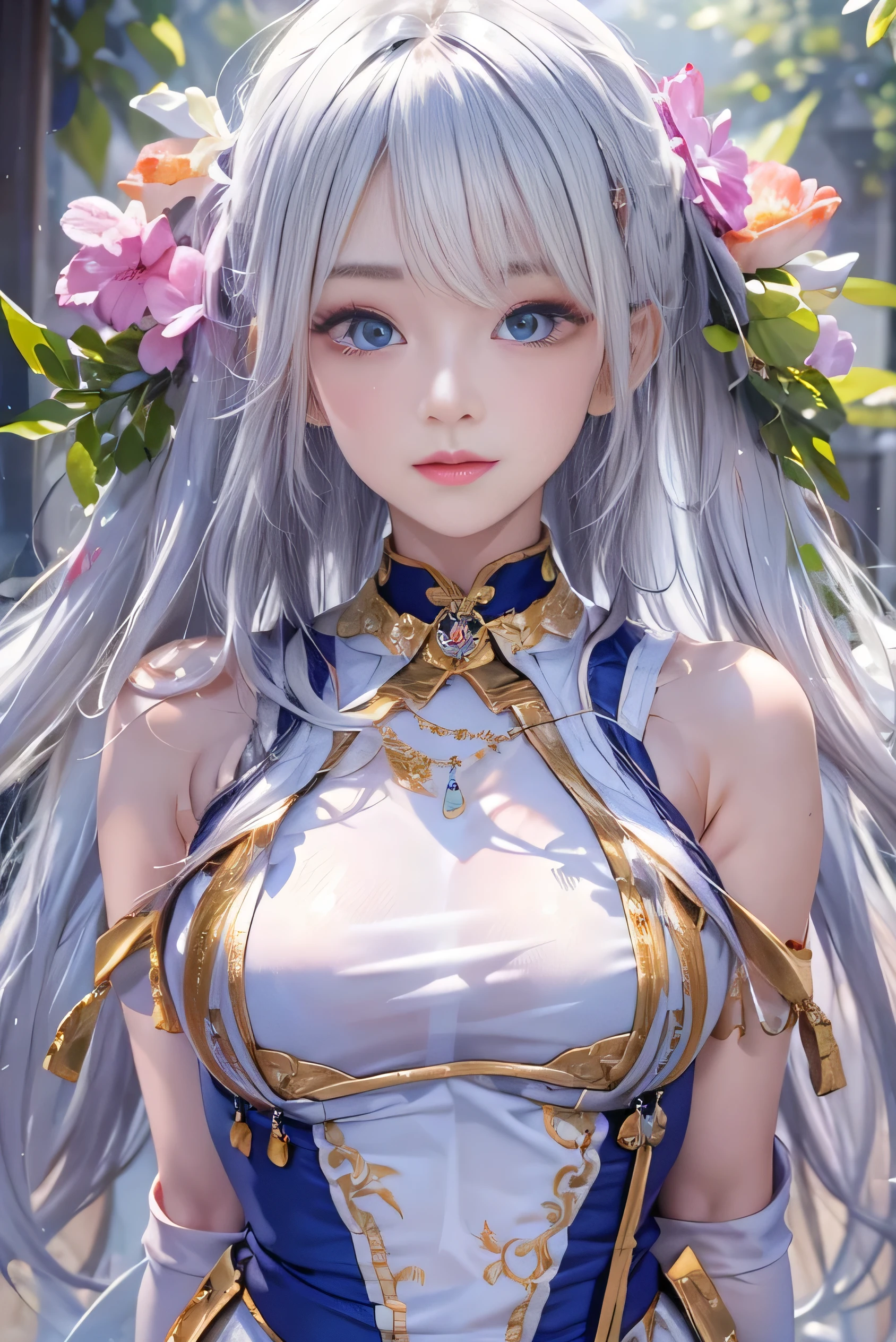 (photorealistic:1.8, highest quality:1.8,8K masterpiece:1.8,High resolution,muste piece:1.8,RAW Photos,cinematic lighting,red and purple dream colors),one goddess、(colorful armor sailor suit、mini skirt、choker、knee high tights、loafer shoes),
(beautiful detailed blue eyes:1.7,double eyelid:1.6,Beautiful skin with glowing details:1.2), (looking at the camera:1.5),(whole body,Photo seen from below:1.5),
( midium Hair:1.2,beautiful shining white hair:1.5), expression(Impish Smile:1.3,face turns red:1.3),(Moderate chest:1.3),
Pause(stand with legs apart,Seductive pose:1.5), background(Bright forest with blooming flowers),Nipples are visible through the costume、(detailed perfect face),anatomically correct,correct move:1.5,correct foot:1.5,4 fingers and 1 thumb in correct proportions,(cameltoe),No split screen,slender abs:1.2,(Young sensual gravure idol)