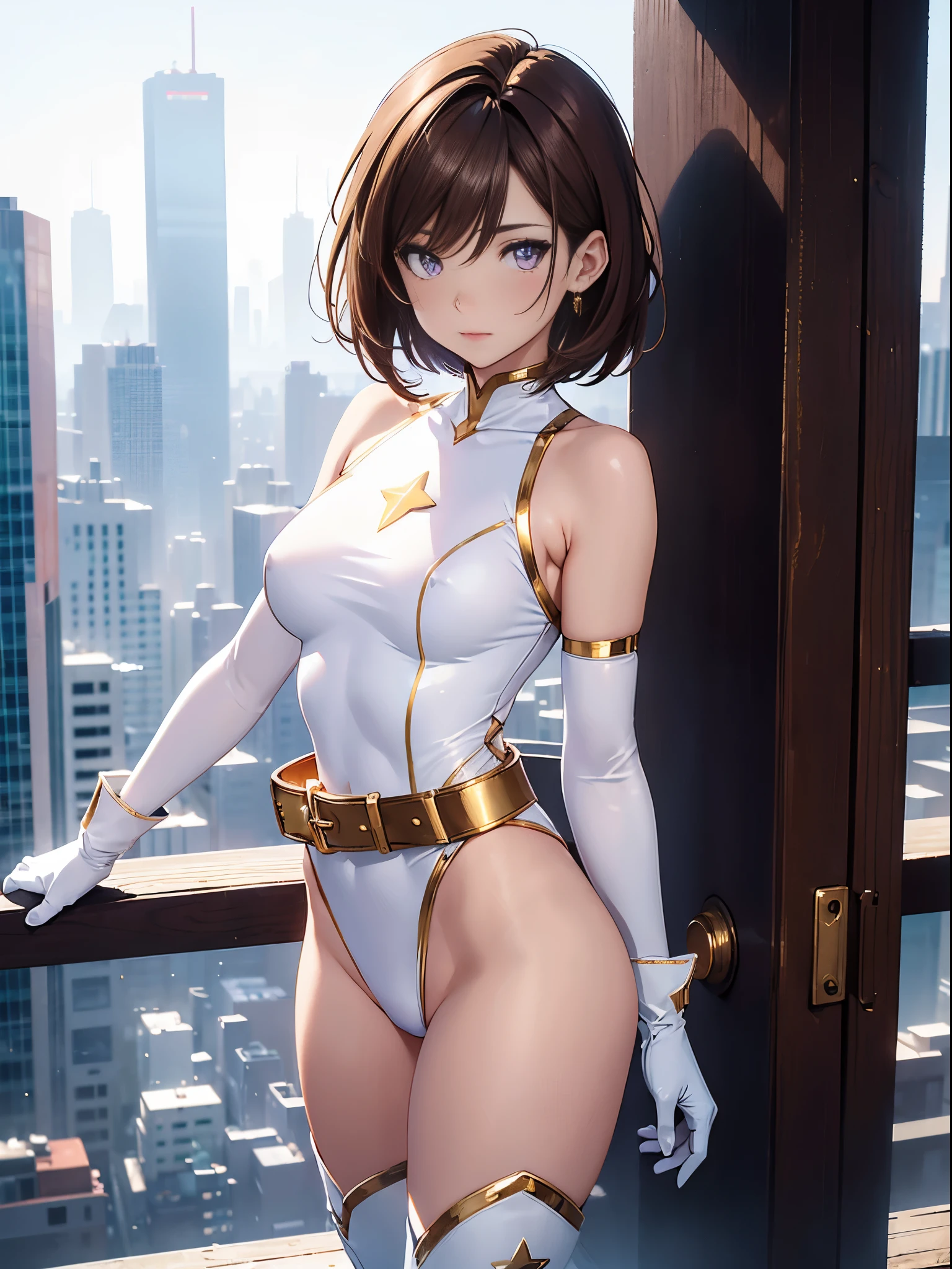 1girl, medium breasts, leotard, white and red leotard, bare legs, tight belt, gold belt, boots, matching boots, ankle boots, white boots, gloves, white glove, city backdrop, tokyo city backdrop, solo, single, standing, full body shot, cowboy shot, superhero, beautiful detailed eyes, mature lady, (gold star symbol on chest), (brown hair, short hair, bob hair), (purple eyes), sleeveless, perfect anatomy, masterpiece