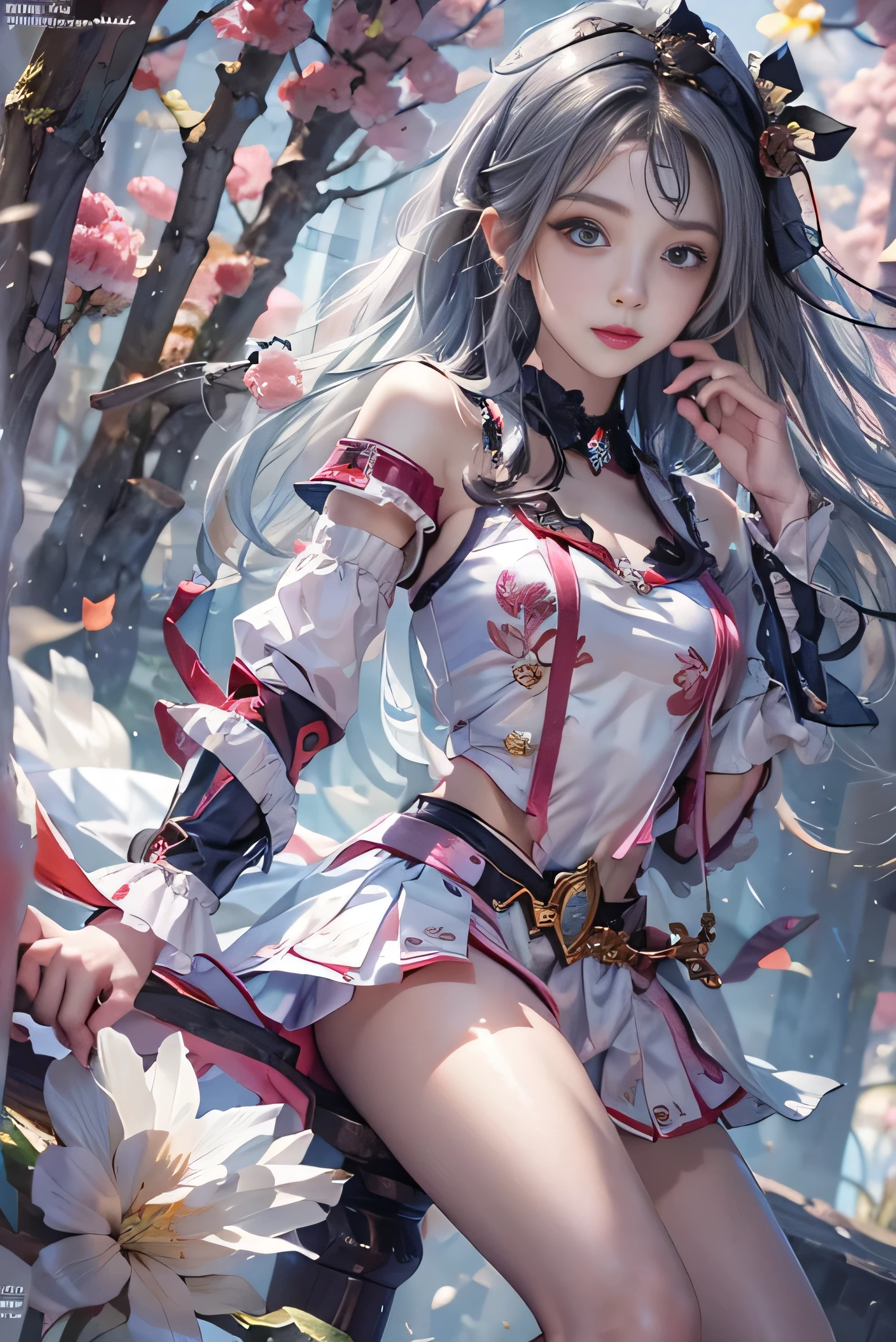 (top-quality)、 (masterpiece)、(Professional lighting with fewer shadows)、 (A hyper-realistic)、 (perfect anatomia)、 (In front of the camera、There are two women、Forward and backward、Crying Kuroko、That and bangs and forehead), ( Huge breasts), (Bright and even whitening skin without wrinkles and steps), (Beautiful blue eyes with long eyelashes and red tear bags)、 (Her costume is worn only in a cramped sailor suit、A micro mini-length pleated skirt is directly on top of her nakedness:1.2), (Two people are surrounded by flowers, Face the front in front of the camera、stick out chest:1.3), (Another person on the other side、with arcuate waist, Expose your buttocks with your back turned:1.2), (One hand behind the head, A beautiful face is a beautiful smile with lowered eyebrows:1.2),