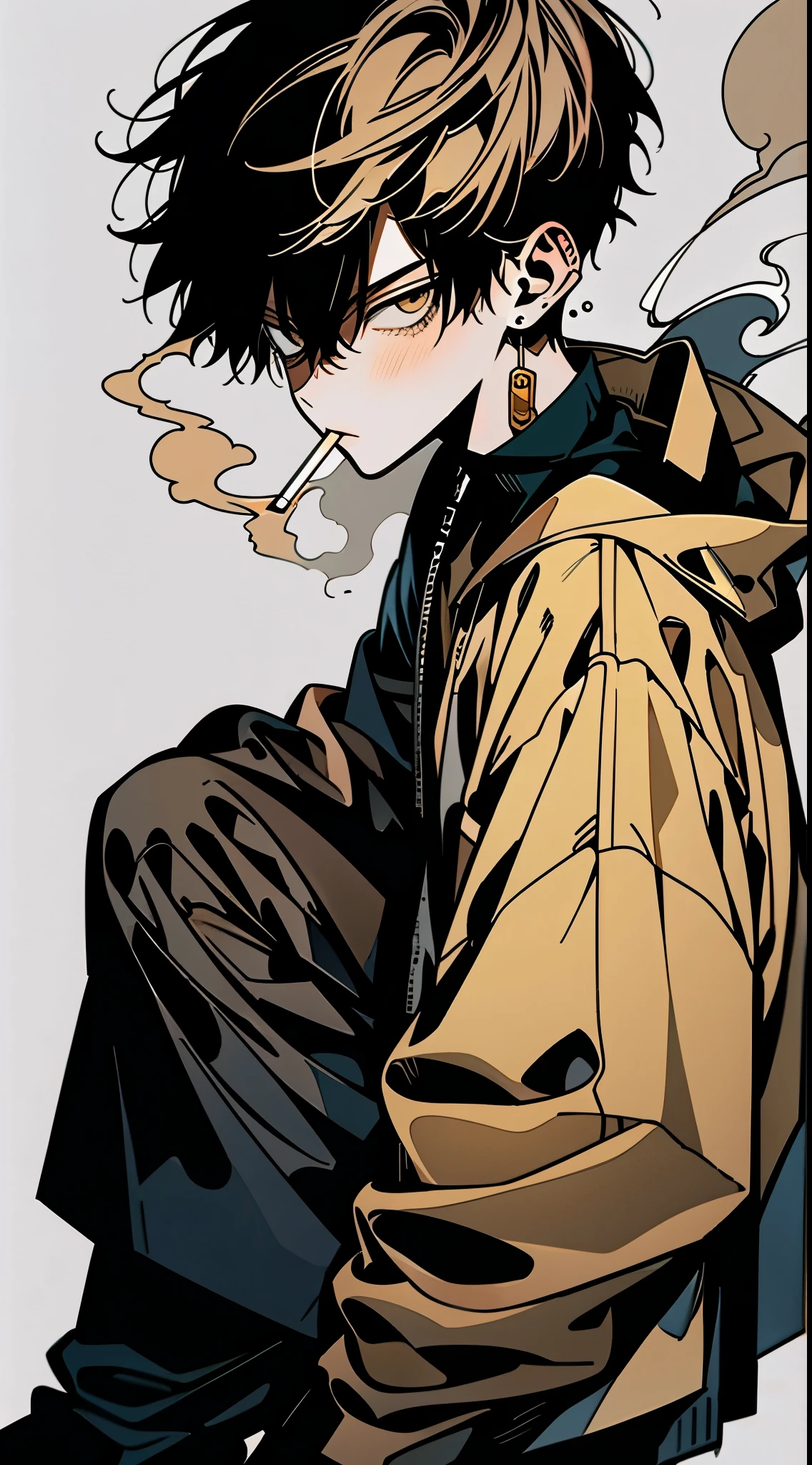 boy, (brown nike outfit), short beige hair, (oversized clothes), serious face, golden eyes, ((smoking cigarette)), ((full body like)), modern anime style, 4 k manga wallpaper, digital anime illustration, very modern anime style, at pixiv, best anime 4k konachan wallpaper, anime aesthetic, pixiv style, anime style illustration