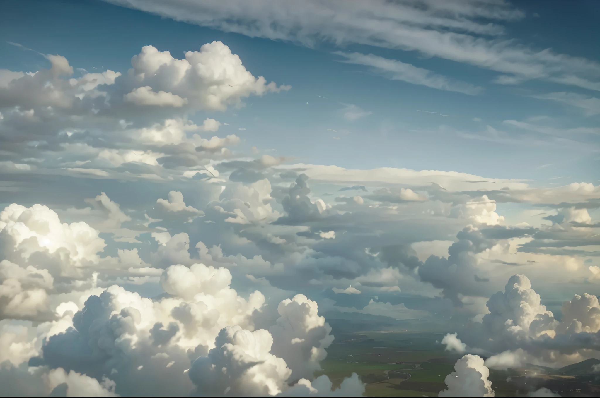 there is a view of a plane flying over the nuvens, hyper realistic nuvens, wlop and Rhads, realistic nuvens, detailed nuvens, high nuvens, volumetric nuvens, highly detailed nuvens, breathtaking nuvens, airbrushed nuvens, Rhads!, Sky - High View, cumulus, super defined nuvens, sky on Earth, nuvens. fantasia, giant nuvens, Rhads!!!