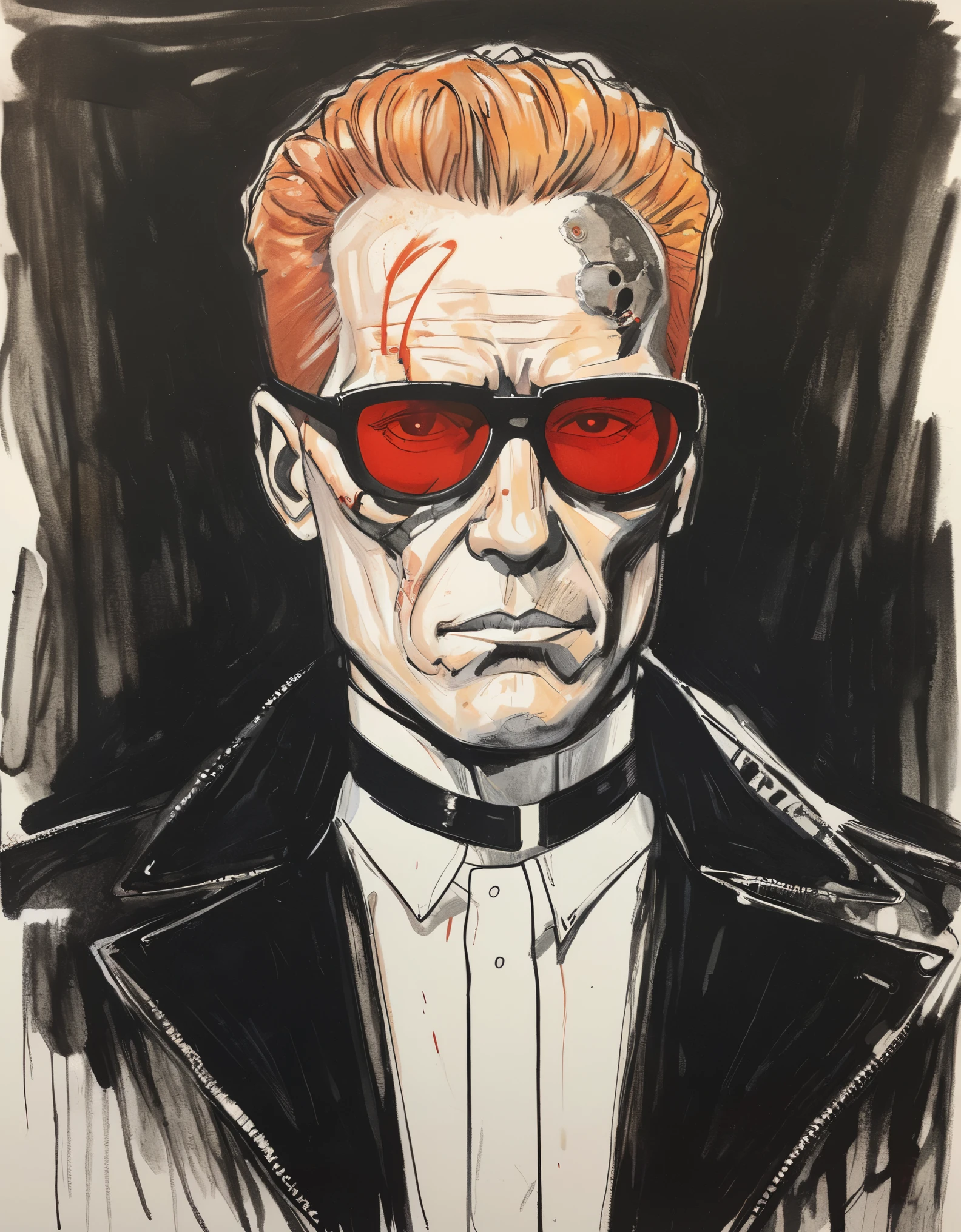 a drawing of a man with red glasses and a black jacket, drawn in a neo - noir style, by Byron Galvez, boldly-inked gouache artwork, portrait of terminator, by Bernie D’Andrea, by Aneurin Jones, terminator art, t-1000, by Benjamin Marra, by Thomas Dalziel, by Josh Bayer