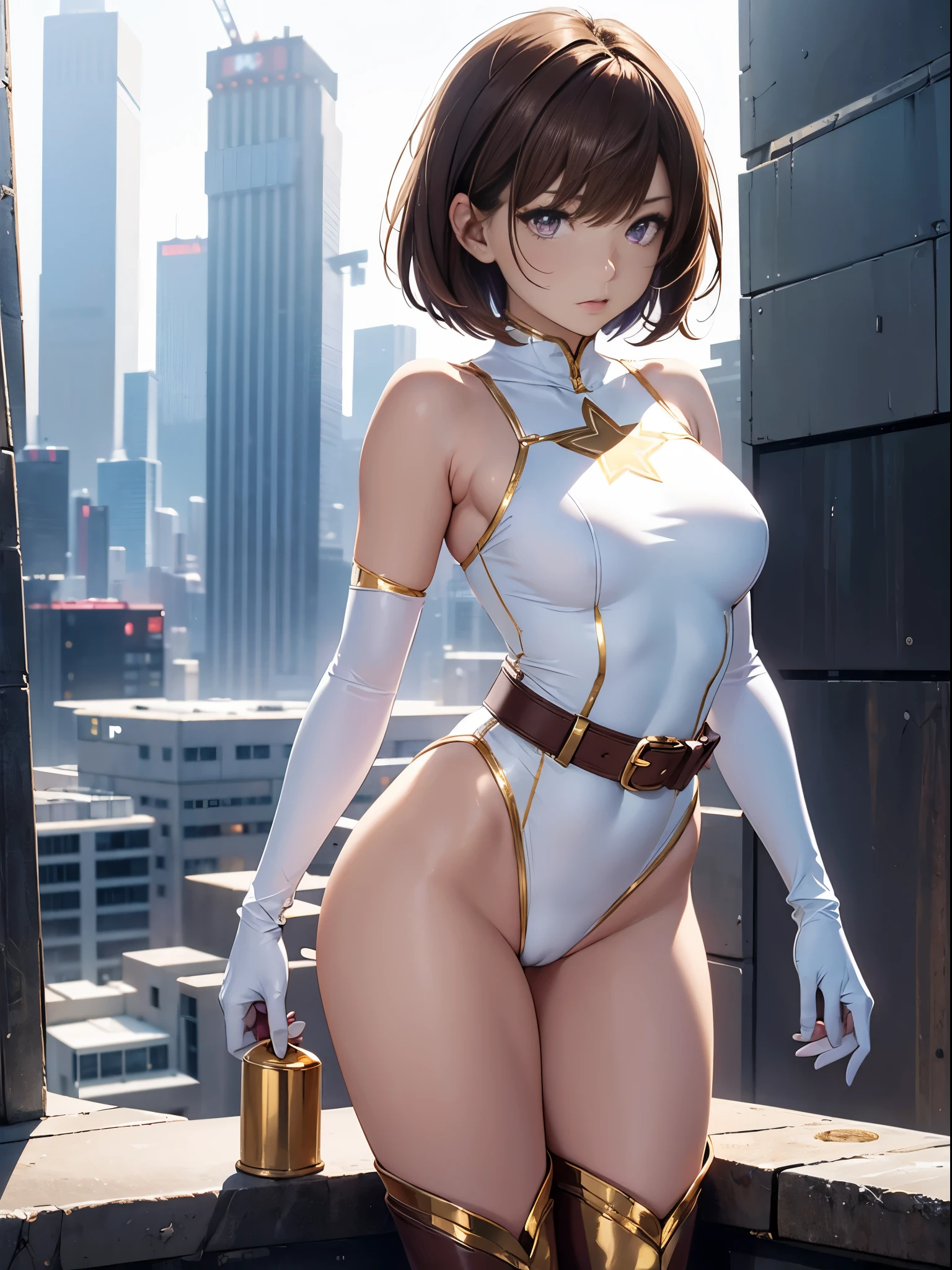 1girl, medium breasts, leotard, white and red leotard, bare legs, tight belt, gold belt, boots, matching boots, ankle boots, white boots, gloves, white glove, city backdrop, tokyo city backdrop, solo, single, standing, full body shot, cowboy shot, superhero, beautiful detailed eyes, mature lady, (gold star symbol on chest), (brown hair, short hair, bob hair), (purple eyes), sleeveless, perfect anatomy, masterpiece