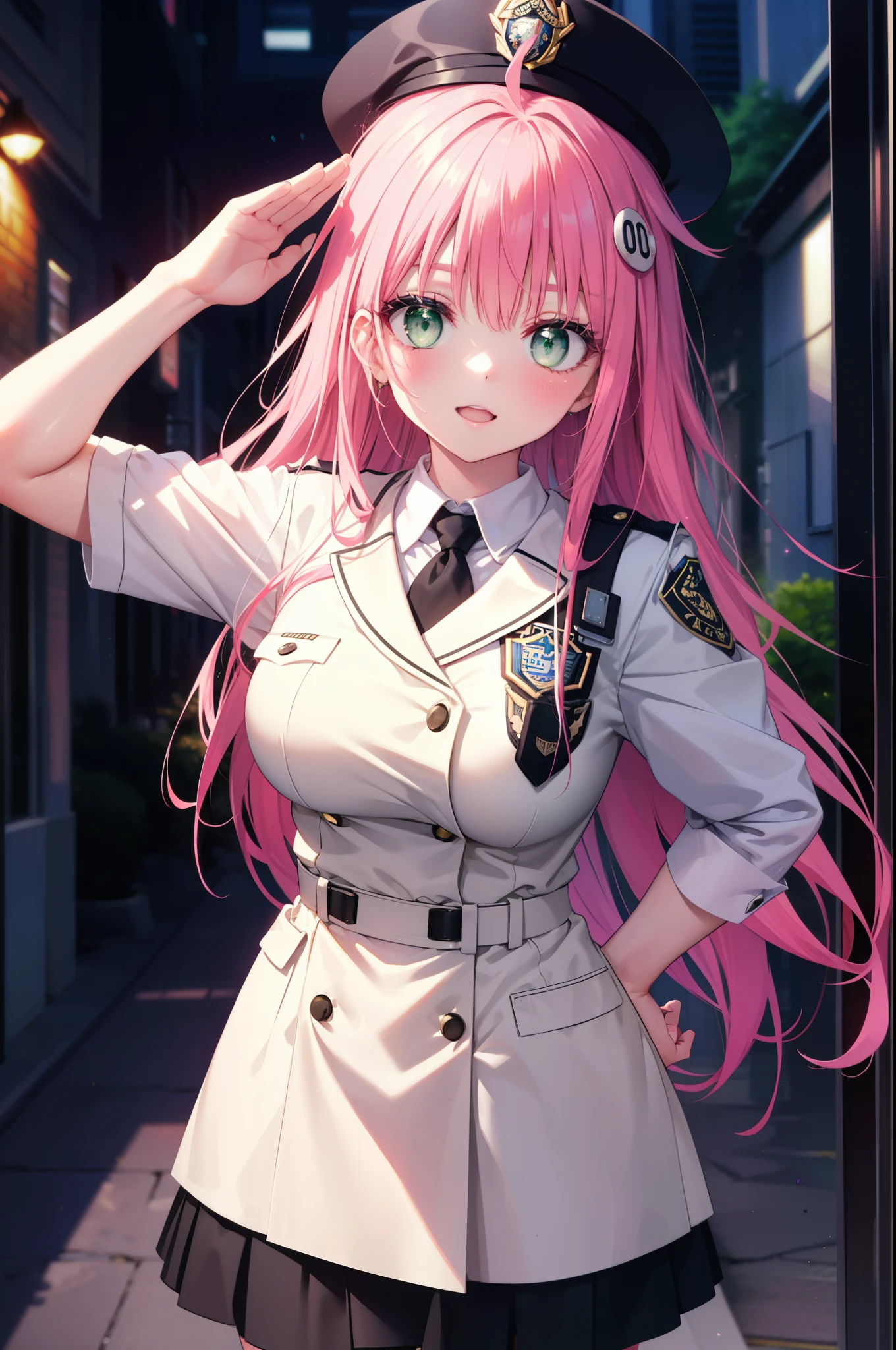 Lara Deviluke, Lara Deviluke, long hair, pink hair, tail, Ahoge, bangs, hair ornaments, (green eyes:1.5), smile,blush,open your mouth,demon tail,Black Abyss glasses,police hat,sexy police uniform,black skirt black tights,all,The girl on the right is saluting, Place your left hand on your hip, Police Department　Entrance,morning,sunrise,
break outdoors, Police Department,
break looking at viewer, (cowboy shot:1.5),
break (masterpiece:1.2), highest quality, High resolution, unity 8k wallpaper, (figure:0.8), (beautiful detailed eyes:1.6), extremely detailed face, perfect lighting, extremely detailed CG, (perfect hands, perfect anatomy),