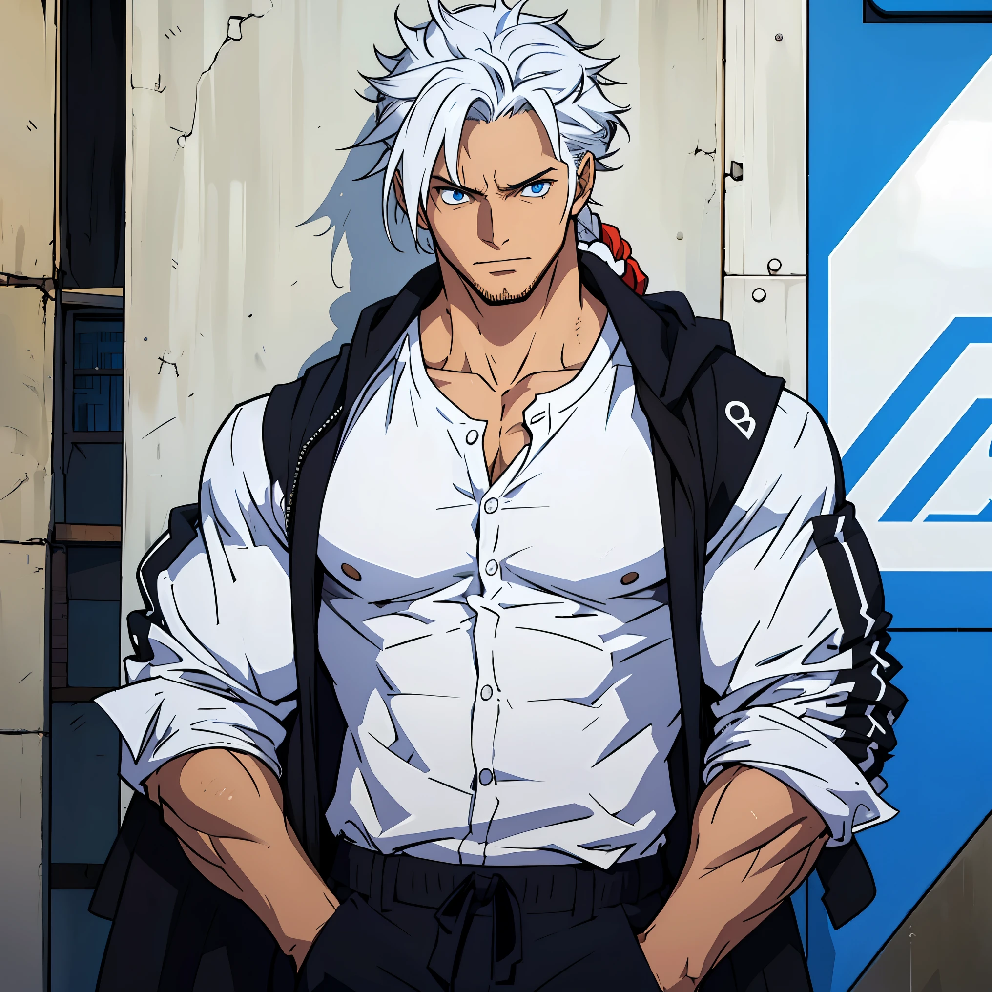 Handsome young man, He has white hair, almost always disheveled, but he has a certain appearance. He is tall, with broad shoulders, muscular. His face is very masculine, but he has very kind eyes. Blue eyes. large bulge. Hair tied back. Pants. No shirt