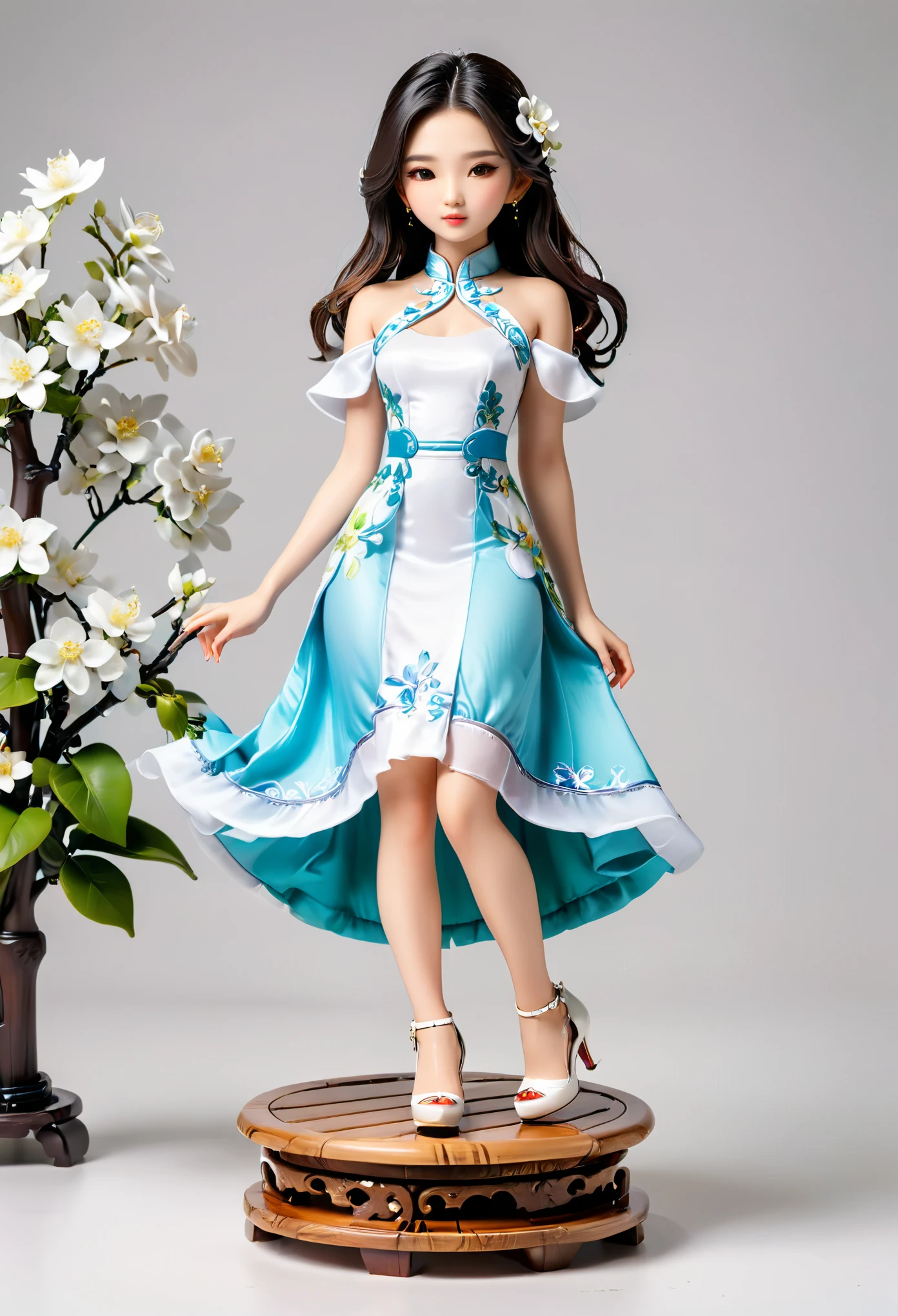 (Blind Box Spielzeug Stil:1.2),full body, solo,white background,(1 Beautiful girl Models ,Stand on a round wooden base,white Jasmine dress, high heels),(Oriental elements, Chinese color,Very colorful)