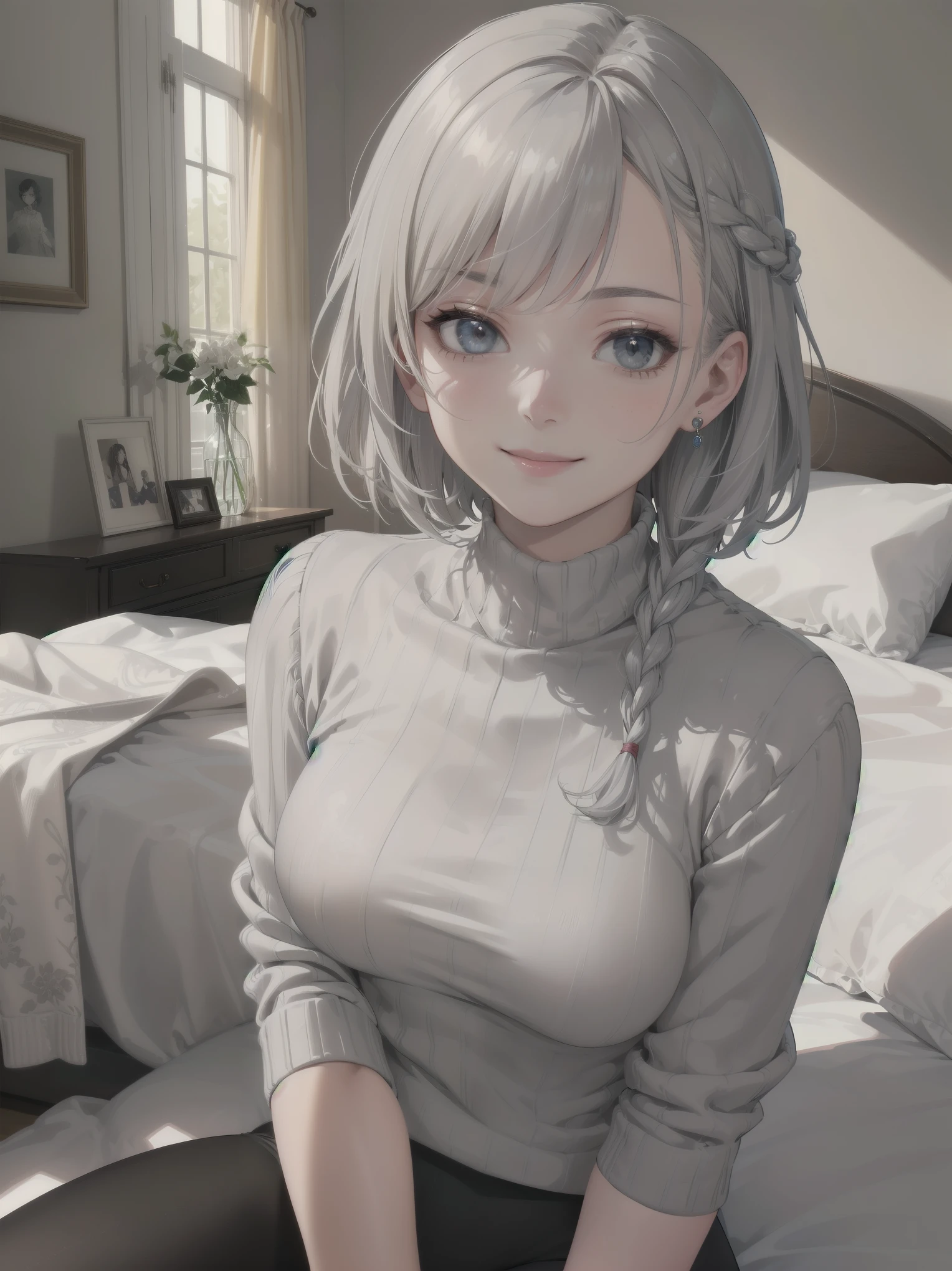 illustration of a woman, (braid hair), (short hair), (grey hair), face shadow, finely detailed, cut-out high neck sweater, leggings, sitting on bed, medium breasts, original, highres, (bedroom background), indie aesthetic, happy theme, smile, majestic hair, marvellous illustration, masterpiece, best quality, (magical:1.1), ray tracing, (face shadow), (intricate detailed:1.2), (ultra detailed:1.2), (detailed light), dynamic pose