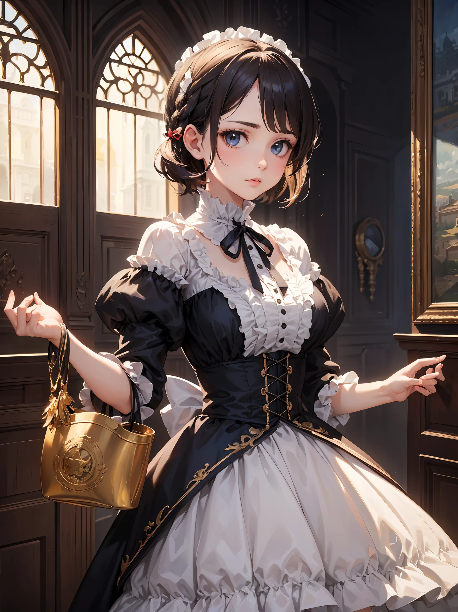 best quality,masterpiece,1girl,solo,(((13years old))),japanese girl,an extremely cute and beautiful girl,highly detailed beautiful face and eyes,petit,cute face,lovely face,baby face,shy smile,show teeth,brown hair,long hair,flat chest,skinny,slender,no bra,no Panties, Hairless vagina,(((wearing a janeporte, hair bun, yellow dress, long dress, puffy sleeves, ascot, white gloves))),(((standing in reelunsettling dark indoors room),she is looking at the viewer,gothichorrorai