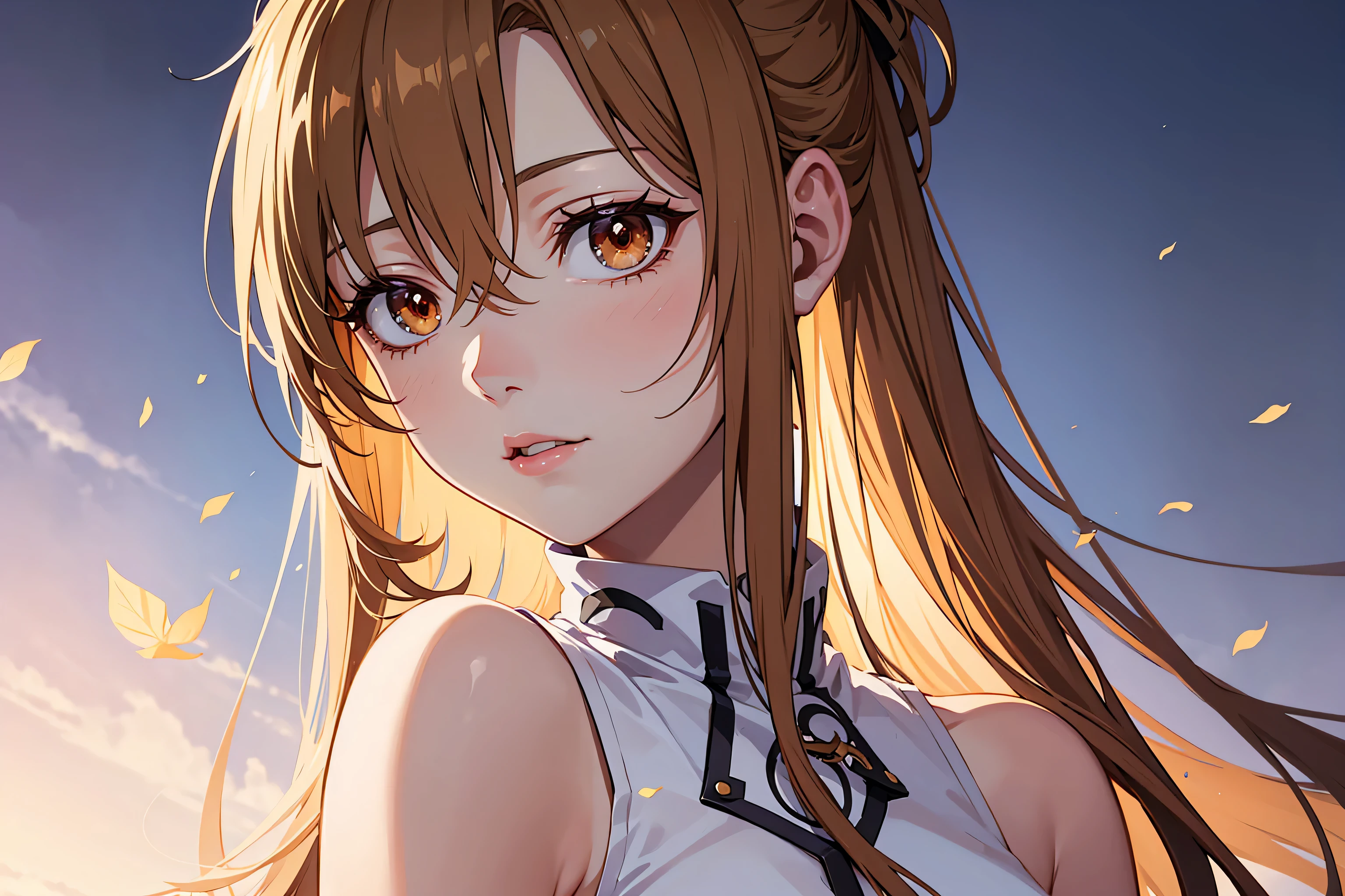 (A superb exquisite Asuna Yuuki),(Asuna Yuuki:1.5), long hair, brown hair, streaked hair, brown eyes, star-shaped pupils, straight bangs, solo, nature, extremely delicate, straight facial features, peerless beautiful girl, soft, (sensual face), ((ecchi face)), dreamy quality, exaggerated facial features, solid color, frank holly, delicate face, bright lips, slender waist, soft curves, real light and shadow, super fine, 4k, natural moving, Ultra high resolution, (masterpiece:1.2, best quality), (finely detailed beautiful eyes: 1.2), (beautiful detailed face), detailed anime artwork, clean detailed anime art, detailed digital anime art, detailed anime art, beautiful anime portrait, beautiful anime girl, beautiful anime artwork, beautiful anime art, beautiful anime style, detailed portrait of anime girl, anime girl, beautiful anime, anime illustration,Medium chest, slender body, 