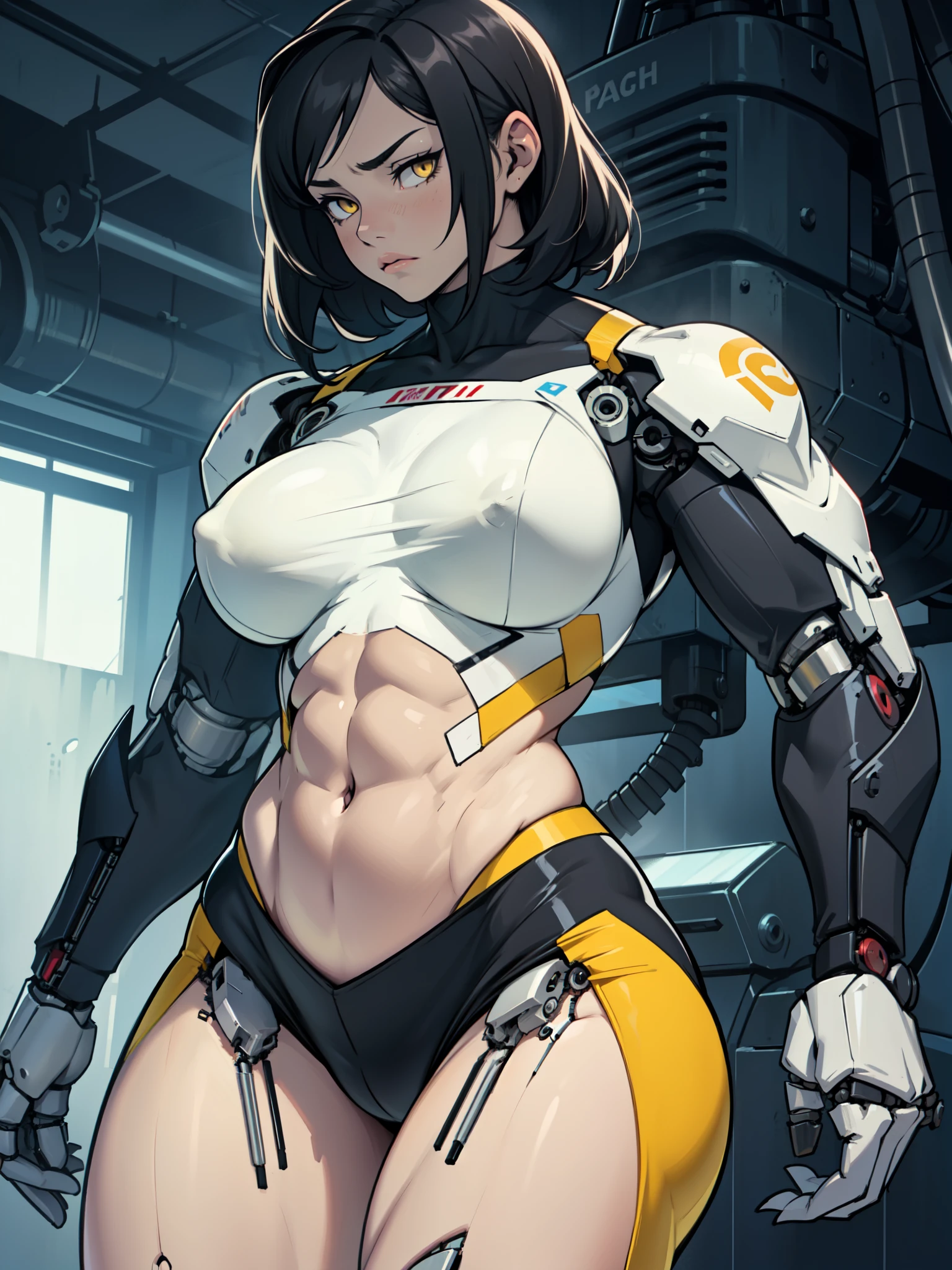 sad girl (((muscular girl large breasts thick toned body mechanical girl))) pale skin black hair yellow eyes sad thin waist long abs girl skintight (((large breasts thick toned muscular body mechanical girl))) solo solo solo
