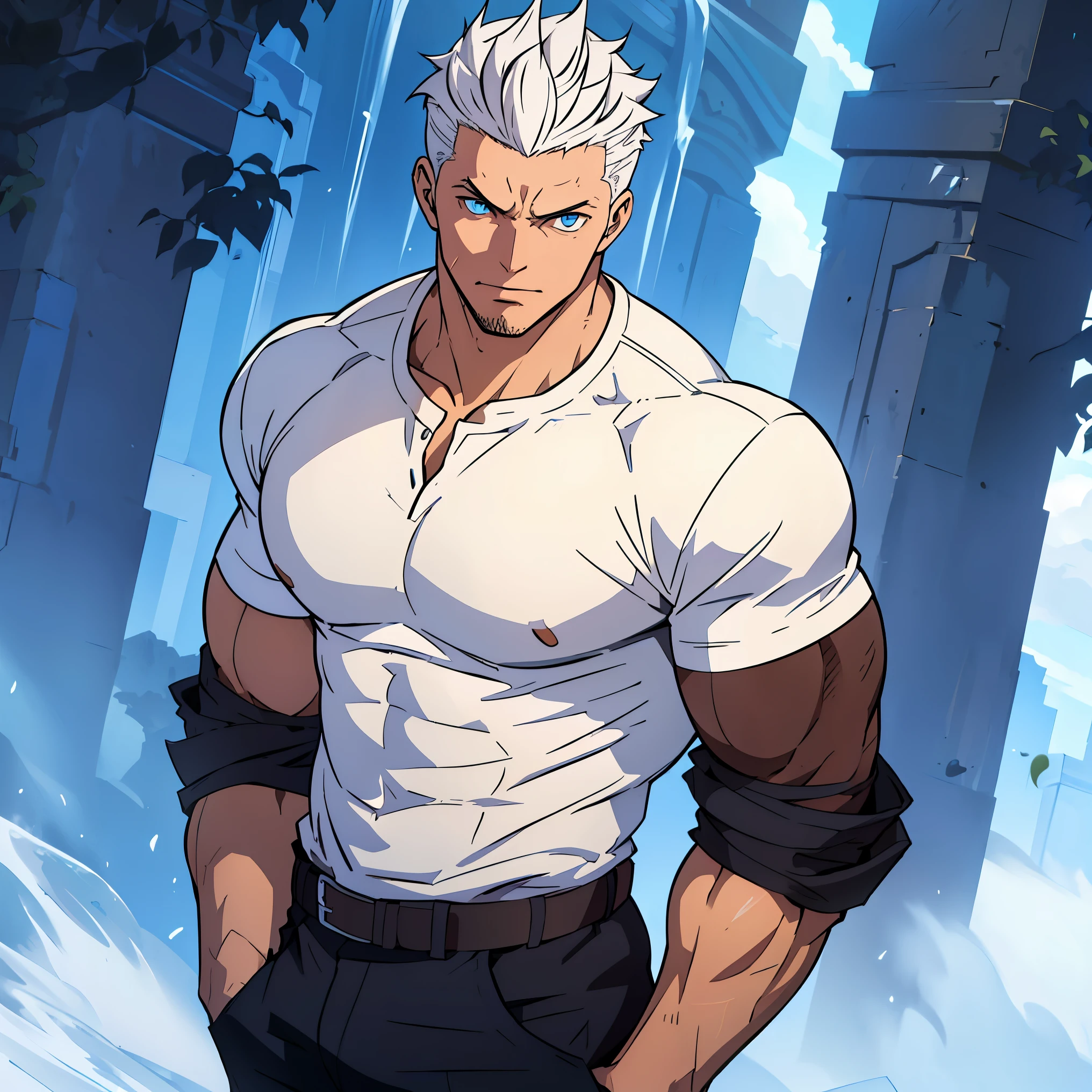 Handsome young man, He has white hair, almost always disheveled, but he has a certain appearance. He is tall, with broad shoulders, muscular. His face is very masculine, but he has very kind eyes. Blue eyes. large bulge. ( Low Fade hair with volume,( hair forward )). Pants. No shirt