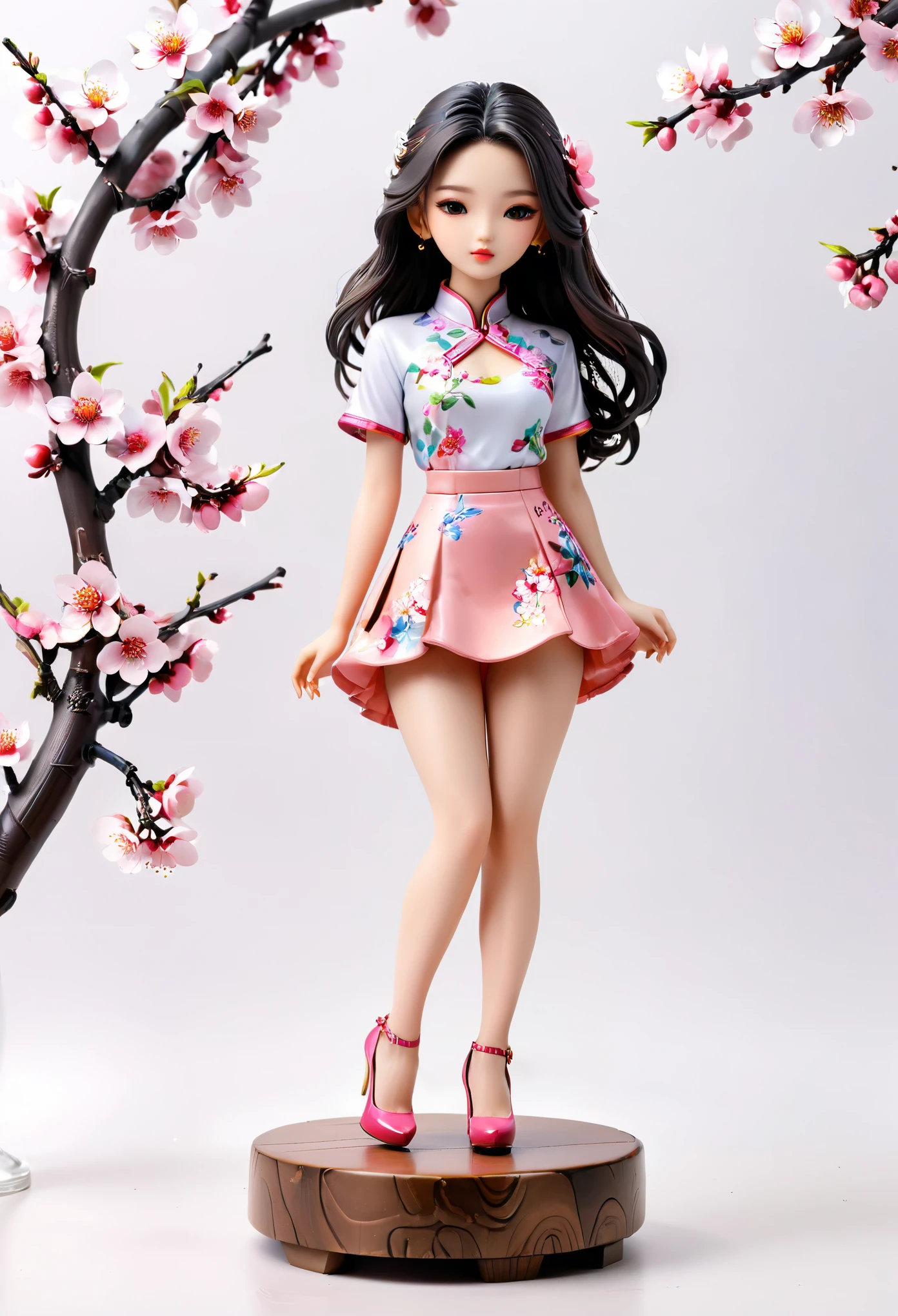 (Blind Box Spielzeug Stil:1.2),full body, solo,white background,(1 Beautiful girl Models ,Stand on a round wooden base, pink Peach Blossom, high heels),(Oriental elements, Chinese color,Very colorful)
