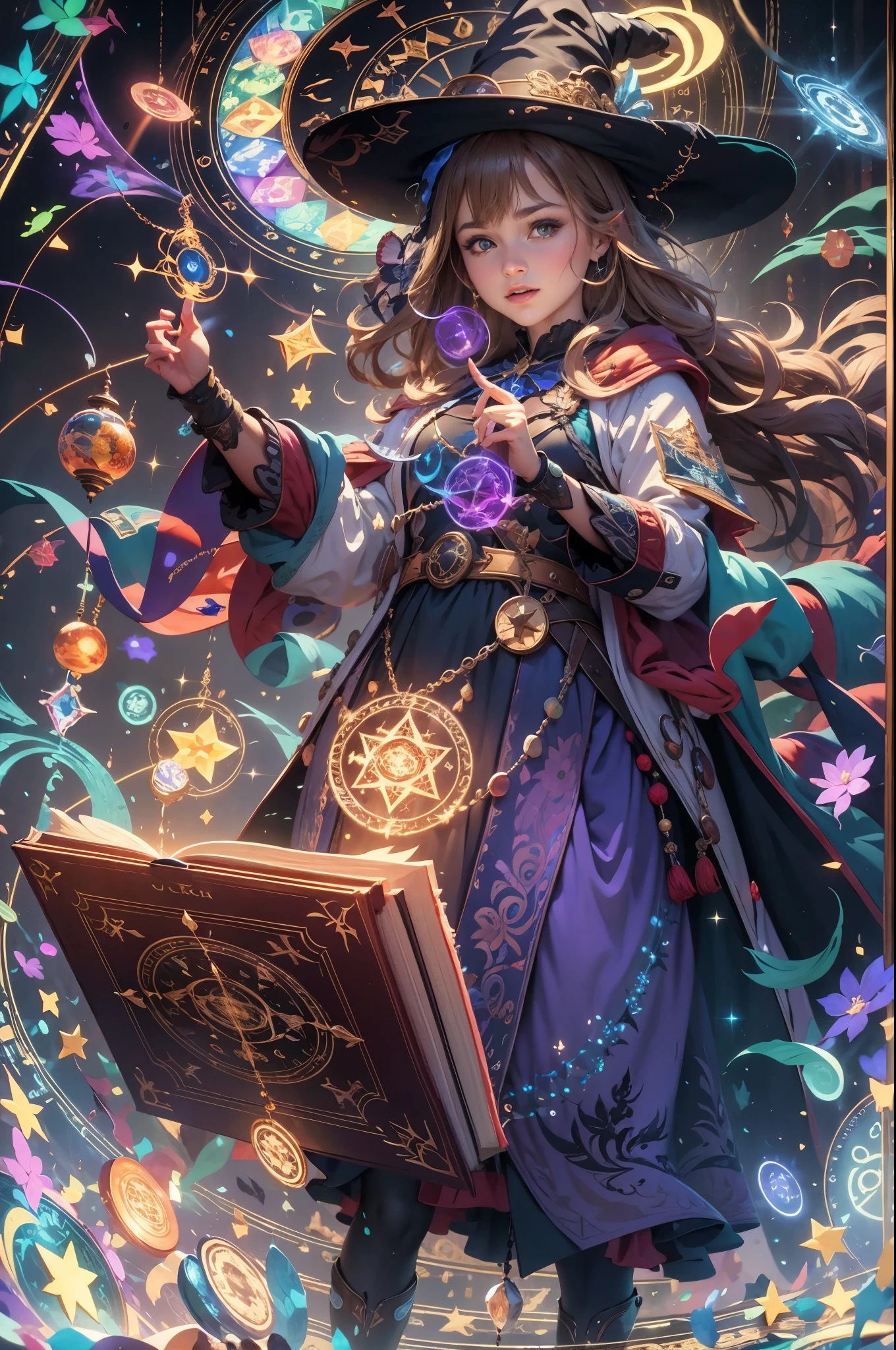 (best quality,4k,8k,highres,masterpiece:1.2),ultra-detailed,realistic, vivid colors,bokeh, HDR,studio lighting,physically-based rendering,portraits, magic book, spellcasting, magical circle, intricate magical patterns, witch, intense focus, vibrant colors, ethereal lighting