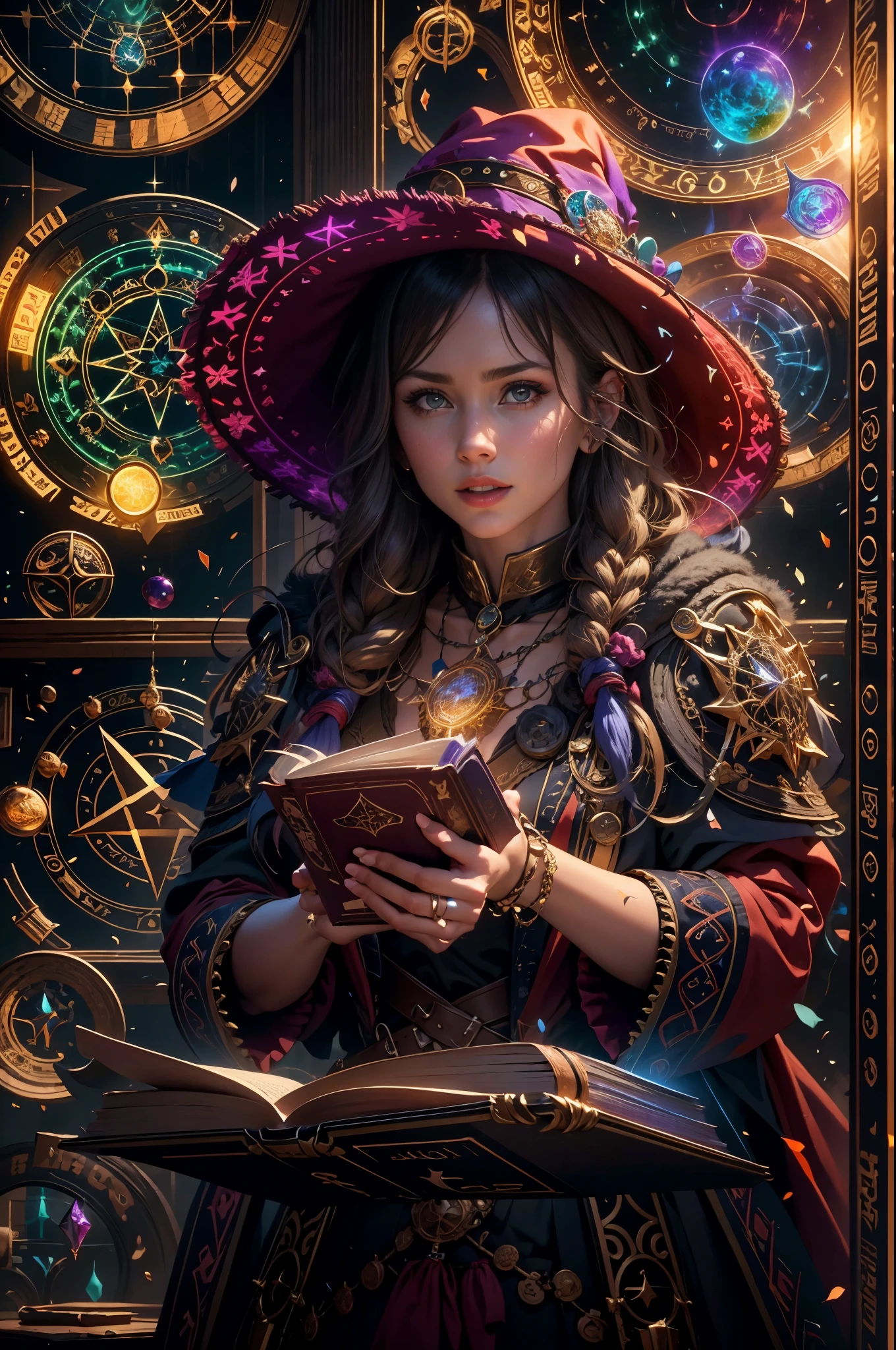 (best quality,4k,8k,highres,masterpiece:1.2),ultra-detailed,realistic, vivid colors,bokeh, HDR,studio lighting,physically-based rendering,portraits, magic book, spellcasting, magical circle, intricate magical patterns, witch, intense focus, vibrant colors, ethereal lighting