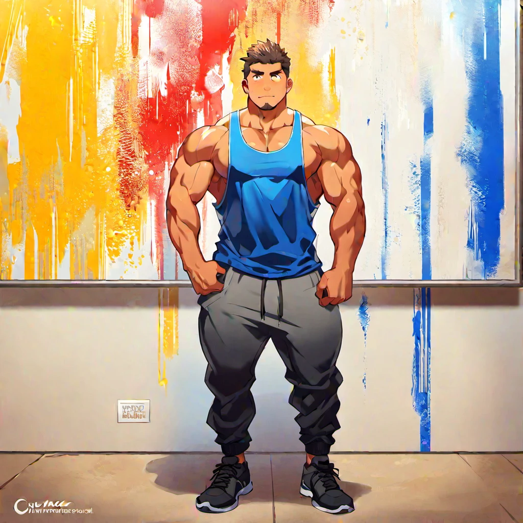 (masterpiece, best quality:1.2), 1boy, solo,bara,male focus, muscular,full body, wearing tank top.