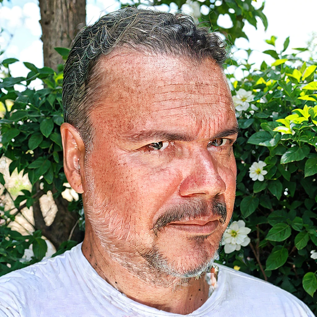 close-up, 50yo man (short hair, facial hair), white T-shirt, in a beautiful garden, lookig at viewer, (masterpiece, best quality:1.2), realistic, photorealistic, HDR, 8K, 16K, solo