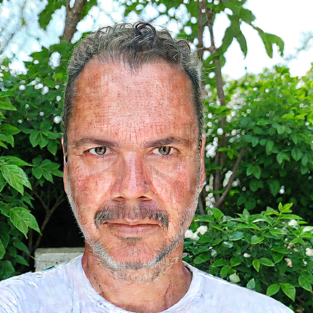 close-up, 50yo man (short hair, facial hair), white T-shirt, in a beautiful garden, lookig at viewer, (masterpiece, best quality:1.2), realistic, photorealistic, HDR, 8K, 16K, solo