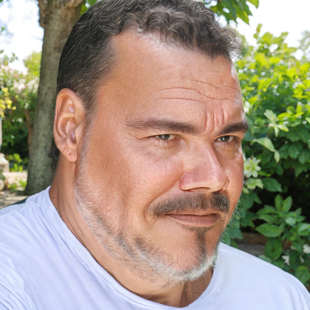 close-up, 50yo man (short hair, facial hair), white T-shirt, in a beautiful garden, lookig at viewer, (masterpiece, best quality:1.2), realistic, photorealistic, HDR, 8K, 16K, solo